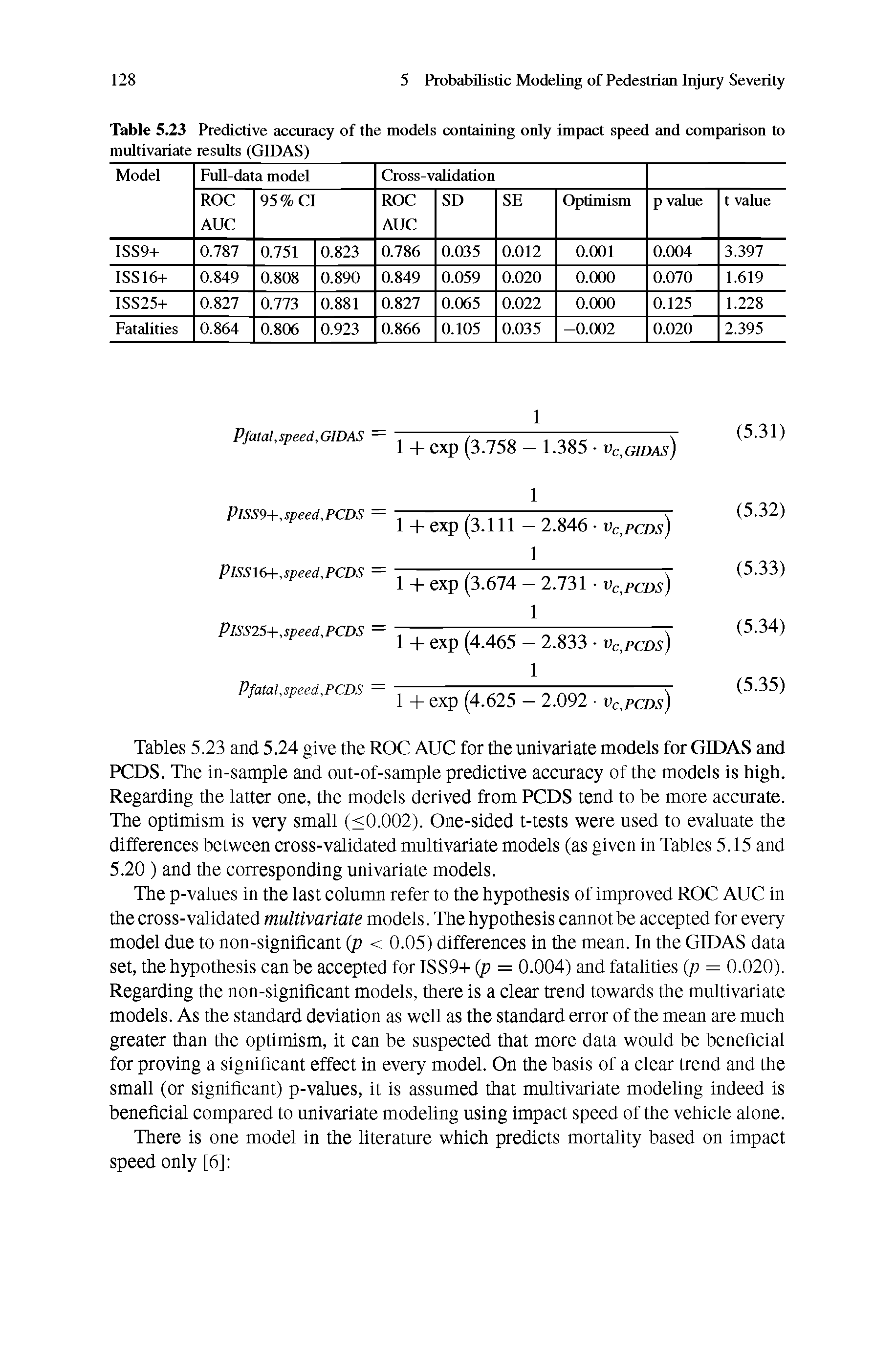 Tables 5.23 and 5.24 give the ROC AUC for the univariate models for GIDAS and PCDS. The in-sample and out-of-sample predictive accuracy of the models is high. Regarding the latter one, the models derived from PCDS tend to be more accurate. The optimism is very small (<0.002). One-sided t-tests were used to evaluate the differences between cross-validated multivariate models (as given in Tables 5.15 and 5.20 ) and the corresponding univariate models.