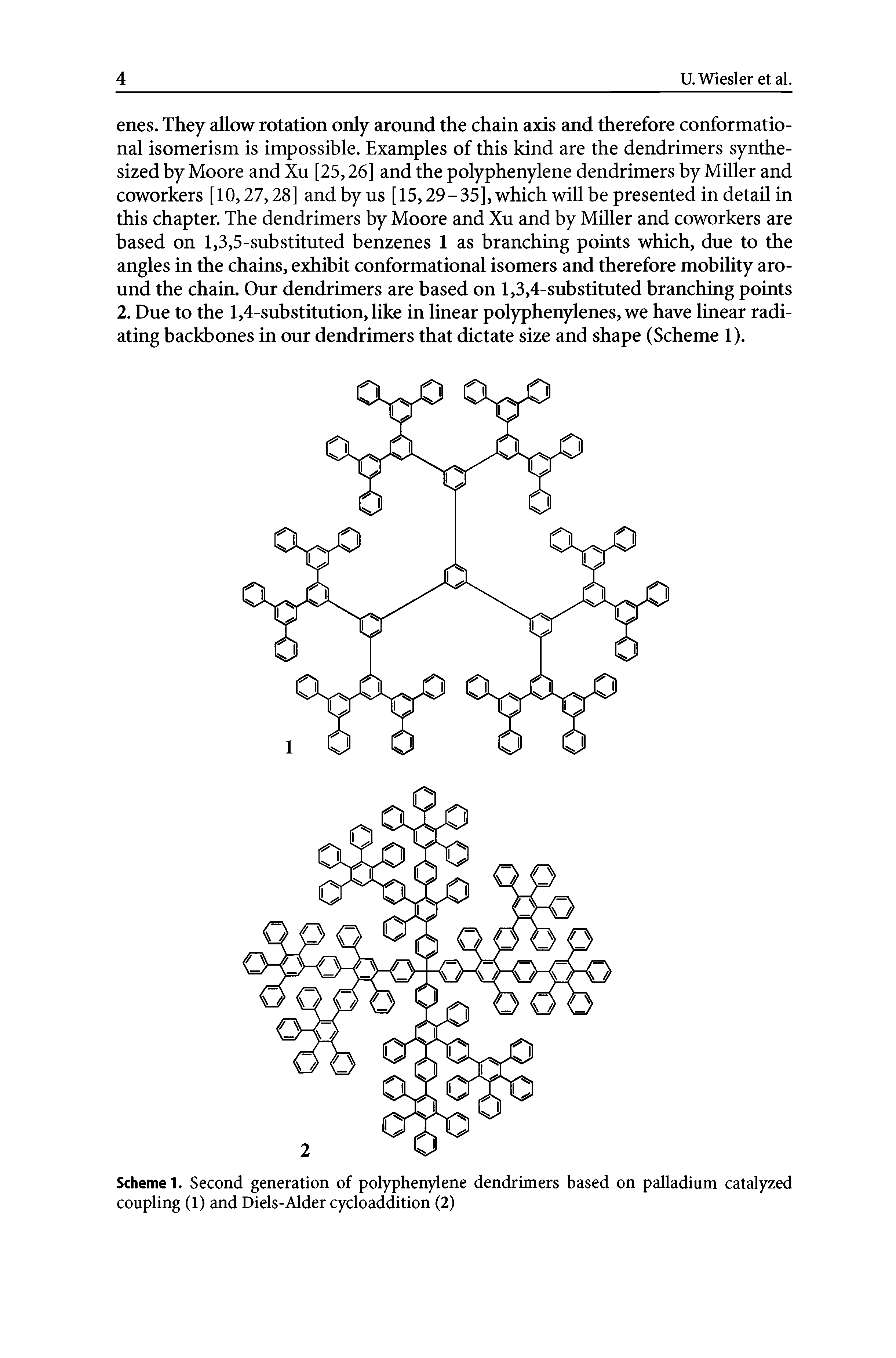 Scheme 1. Second generation of polyphenylene dendrimers based on palladium catalyzed coupling (1) and Diels-Alder cycloaddition (2)...