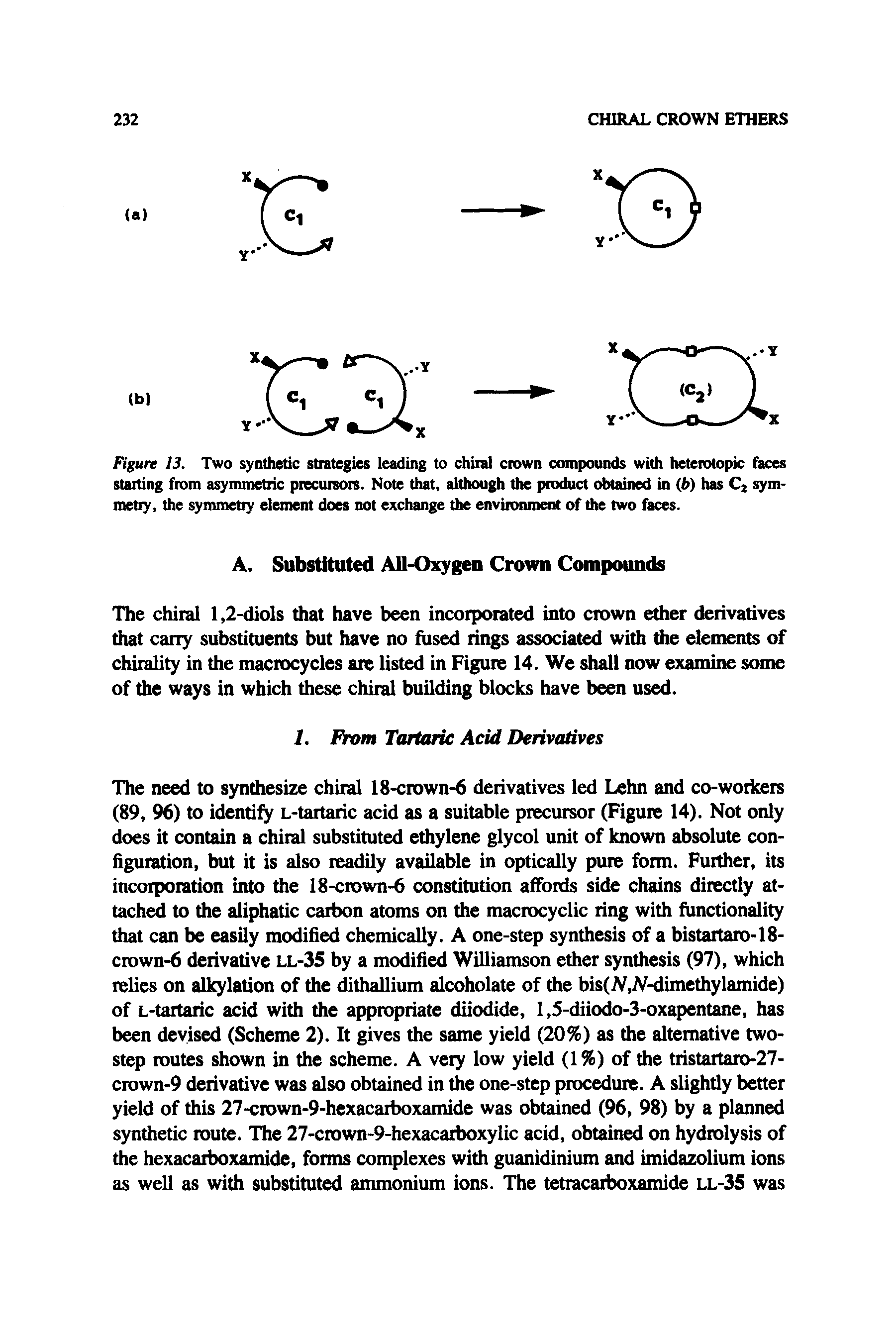 Figure 13. Two synthetic strategies leading to chiral crown compounds with heterotopic faces starting from asymmetric precursors. Note that, although the product obtained in (b) has Cj symmetry, the symmetry element does not exchange the environment of the two faces.