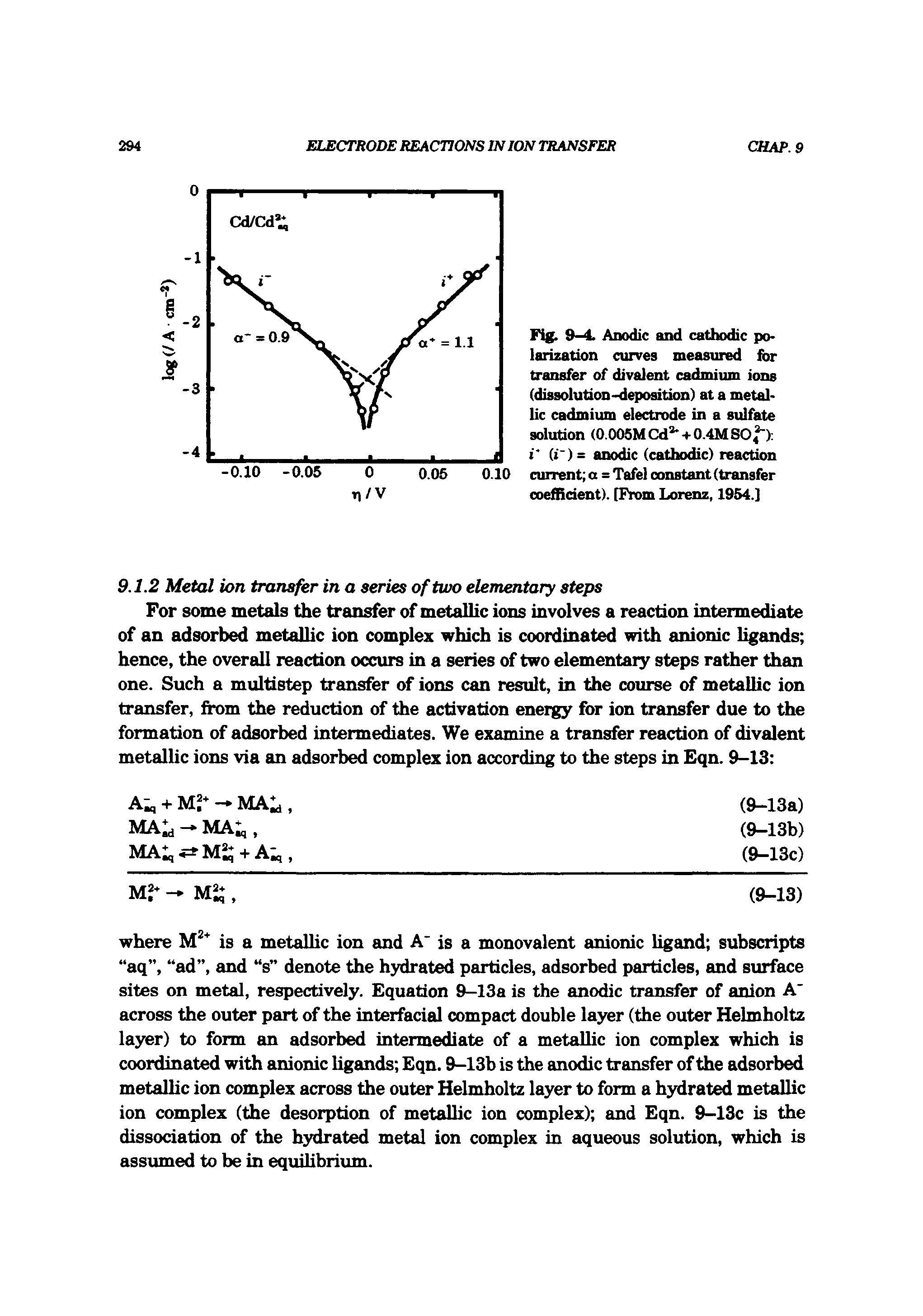 Fig. 9-4. Anodic and cathodic polarization curves measured for transfer of divalent cadmium ions (dissolution-deposition) at a metallic cadmium electrode in a sulfate solution (0.005MCd + 0.4MS04 ) i (i )= anodic (cathodic) reaction current a = Tafel constant (transfer coefficient). [From Lorenz, 1954.]...