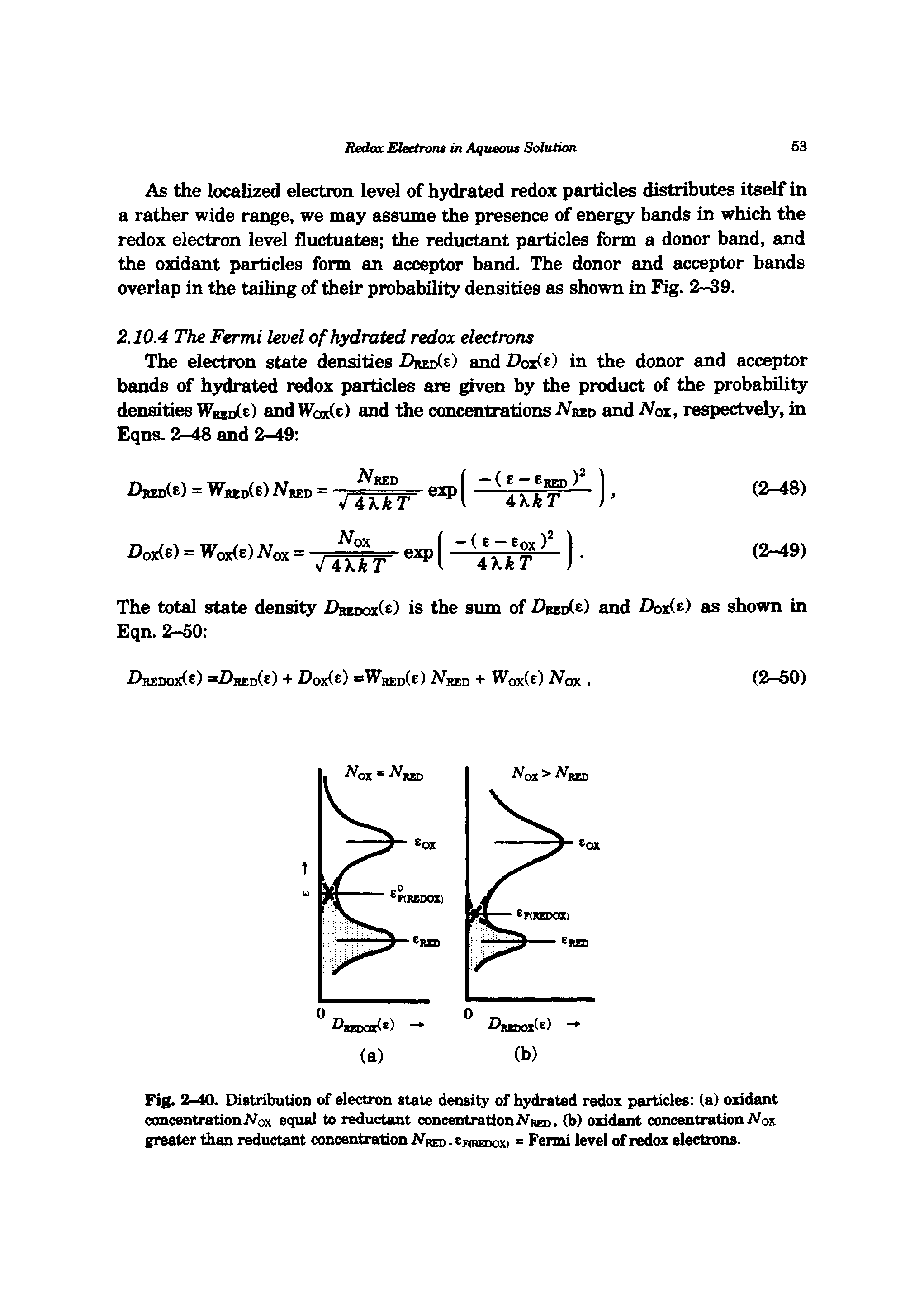 Fig. 2-40. Distribution of electron state density of hydrated redox particles (a) oxidant concentration JVox equal to reductant concentrationNRED. (b) oxidant concentration iVox greater than reductant concentration NgEo cnsEDox) = Fermi level of redox electrons.