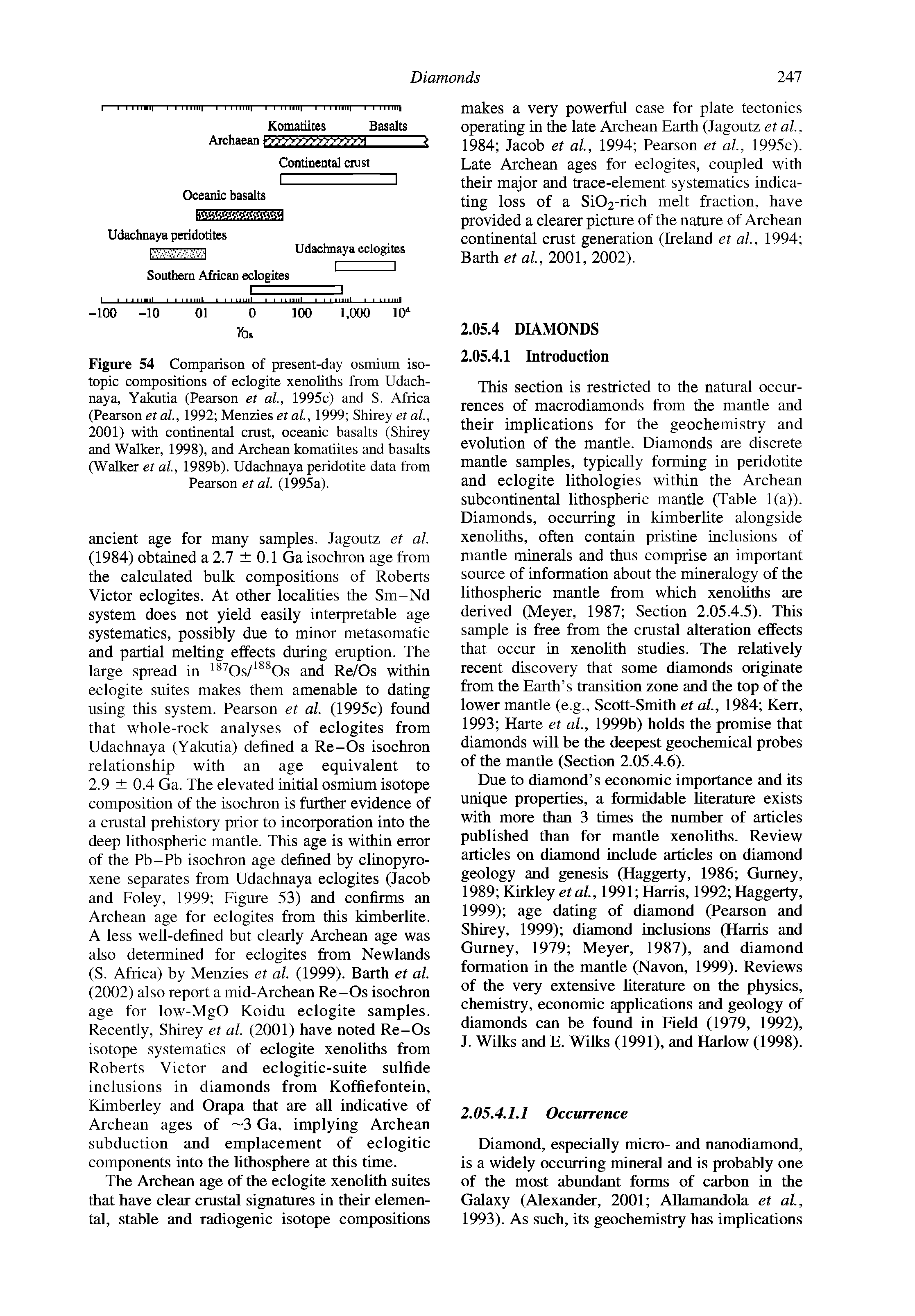 Figure 54 Comparison of present-day osmium isotopic compositions of eclogite xenoliths from Udachnaya, Yakutia (Pearson et ah, 1995c) and S. Africa (Pearson et al, 1992 Menzies et al, 1999 Shirey et ah, 2001) with continental crust, oceanic basalts (Shirey and Walker, 1998), and Archean komatiites and basalts (Walker et al, 1989b). Udachnaya peridotite data from Pearson et al (1995a).