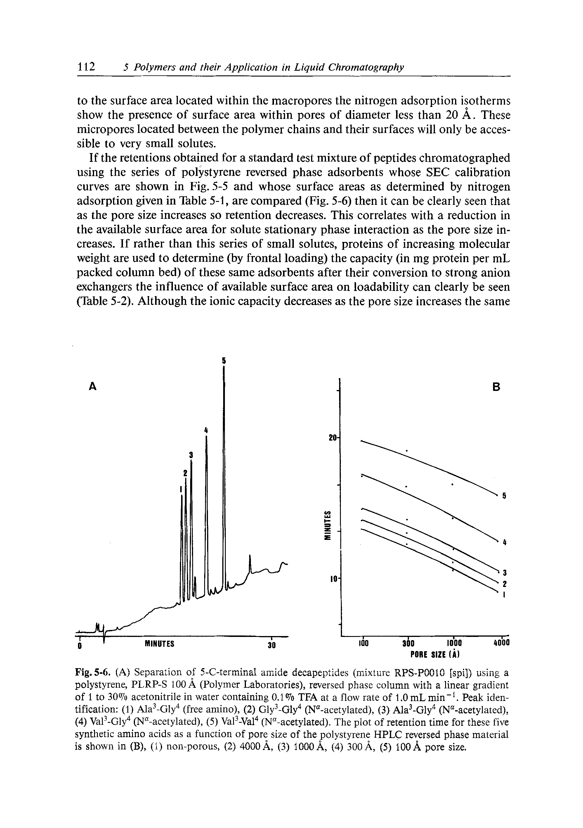 Fig. 5-6. (A) Separation of 5-C-terininal amide decapeptides (mixture RPS-POOIO [spi]) using a polystyrene, PLRP-S 100 A (Polymer Laboratories), reversed phase column with a linear gradient of 1 to 30% acetonitrile in water containing 0.1% TFA at a flow rate of l.OmLmin . Peak identification (1) Ala -Gly (free amino), (2) Gly -Oly (N -acetylated), (3) Ala -Gly (N -acetylated), (4) Val -Gly (N -acetylated), (5) Val -VaF (N -acetylated). The plot of retention time for these five synthetic amino acids as a function of pore size of the polystyrene HPLC reversed phase material is shown in (B), (1) non-porous, (2) 4000 A, (3) 1000 A, (4) 300 A, (5) 100 A pore size.