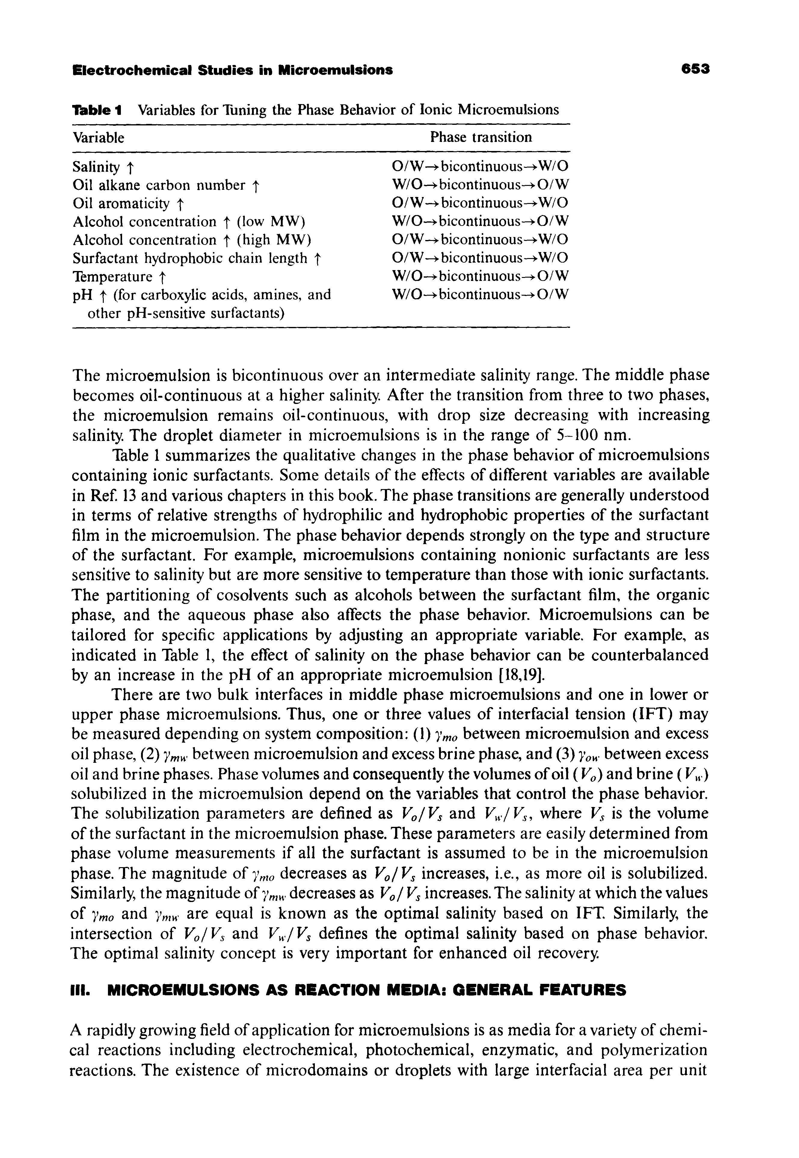 Table I summarizes the qualitative changes in the phase behavior of microemulsions containing ionic surfactants. Some details of the effects of different variables are available in Ref. 13 and various chapters in this book. The phase transitions are generally understood in terms of relative strengths of hydrophilic and hydrophobic properties of the surfactant film in the microemulsion. The phase behavior depends strongly on the type and structure of the surfactant. For example, microemulsions containing nonionic surfactants are less sensitive to salinity but are more sensitive to temperature than those with ionic surfactants. The partitioning of cosolvents such as alcohols between the surfactant film, the organic phase, and the aqueous phase also affects the phase behavior. Microemulsions can be tailored for specific applications by adjusting an appropriate variable. For example, as indicated in Table 1, the effect of salinity on the phase behavior can be counterbalanced by an increase in the pH of an appropriate microemulsion [18,19].