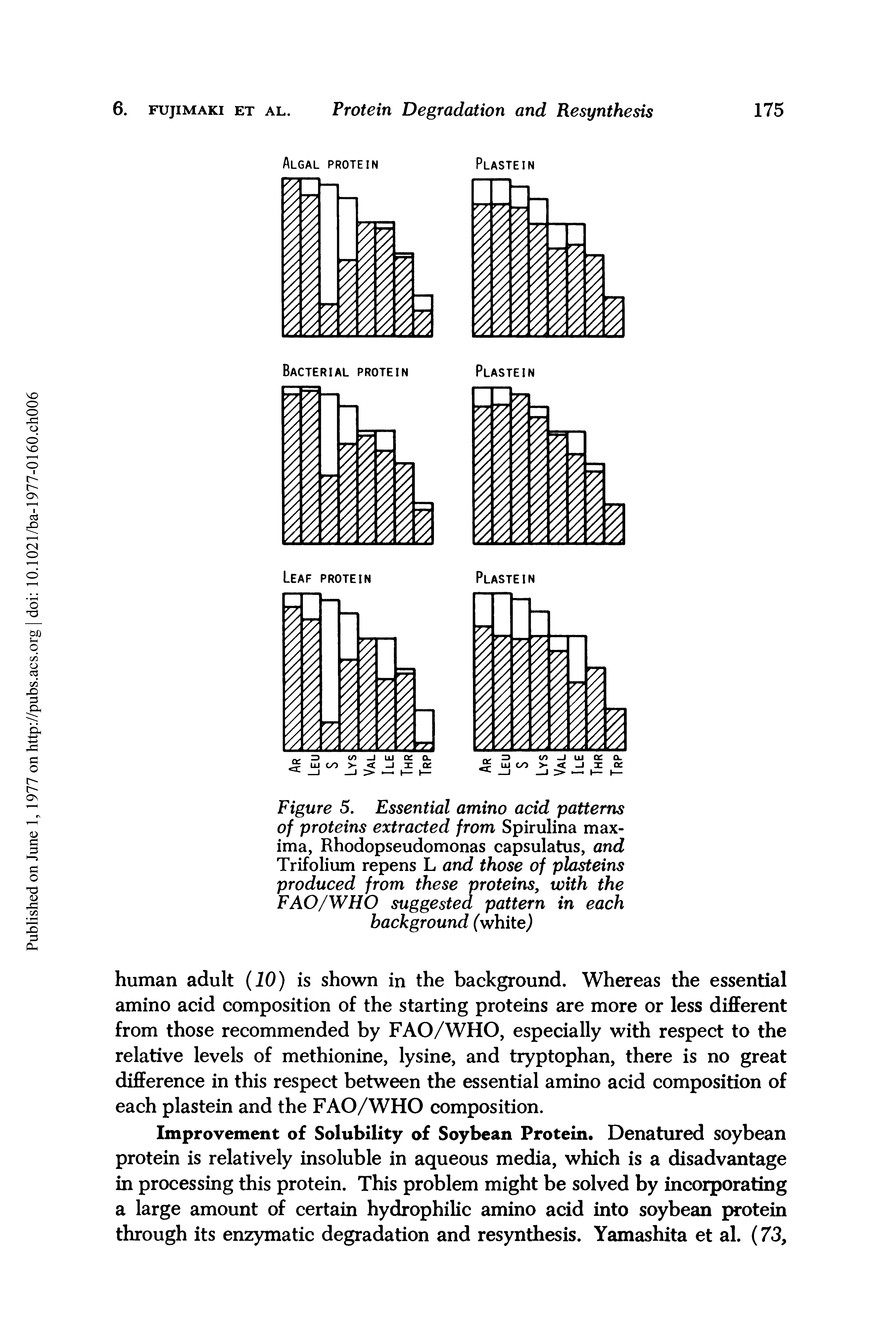Figure 5. Essential amino acid patterns of proteins extracted from Spirulina maxima, Rhodopseudomonas capsulatus, and Trifolium repens L and those of plasteins produced from these proteins, with the FAO/WHO suggested pattern in each background (white)...