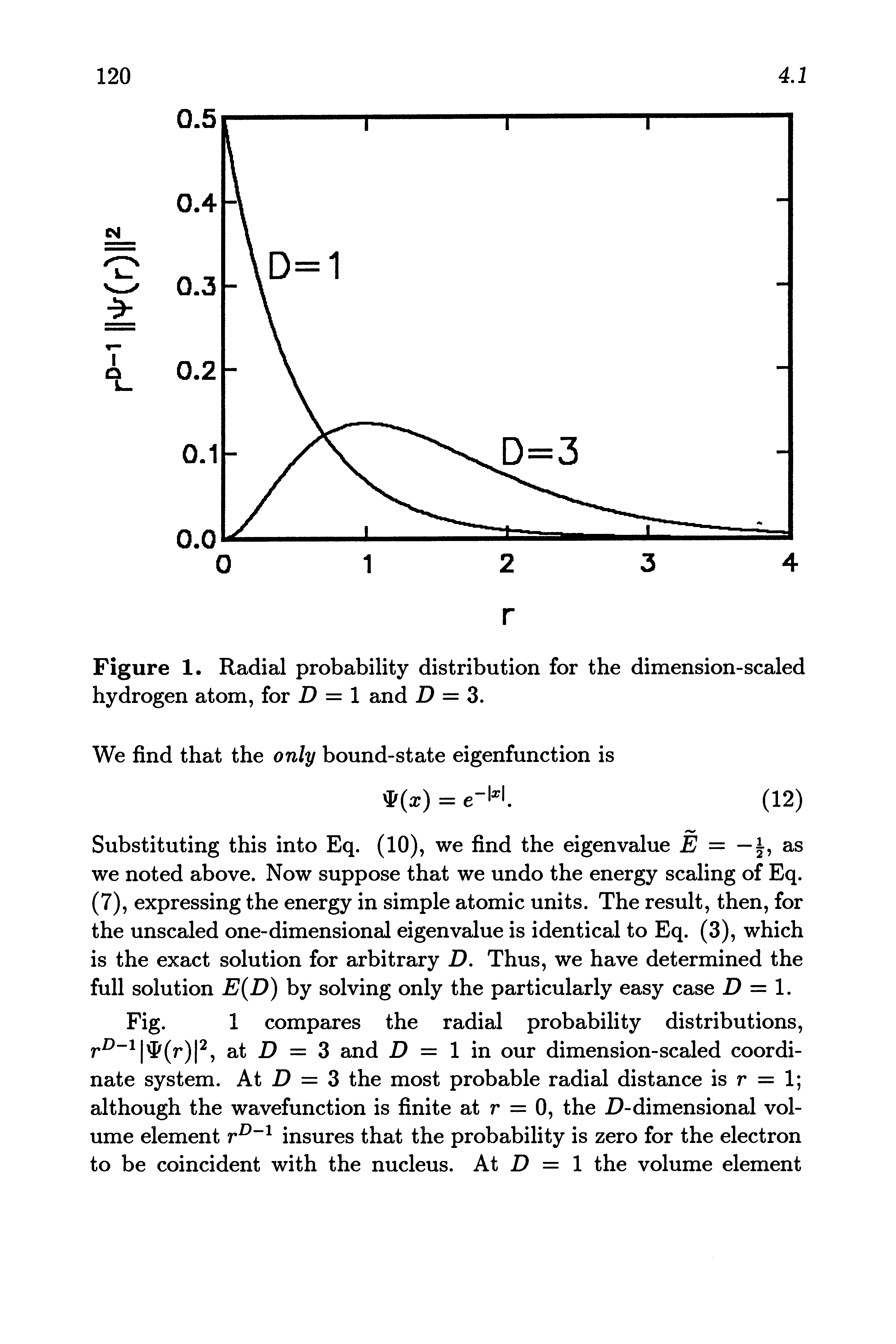 Figure 1. Radial probability distribution for the dimension-scaled hydrogen atom, for D = 1 and D = 3.