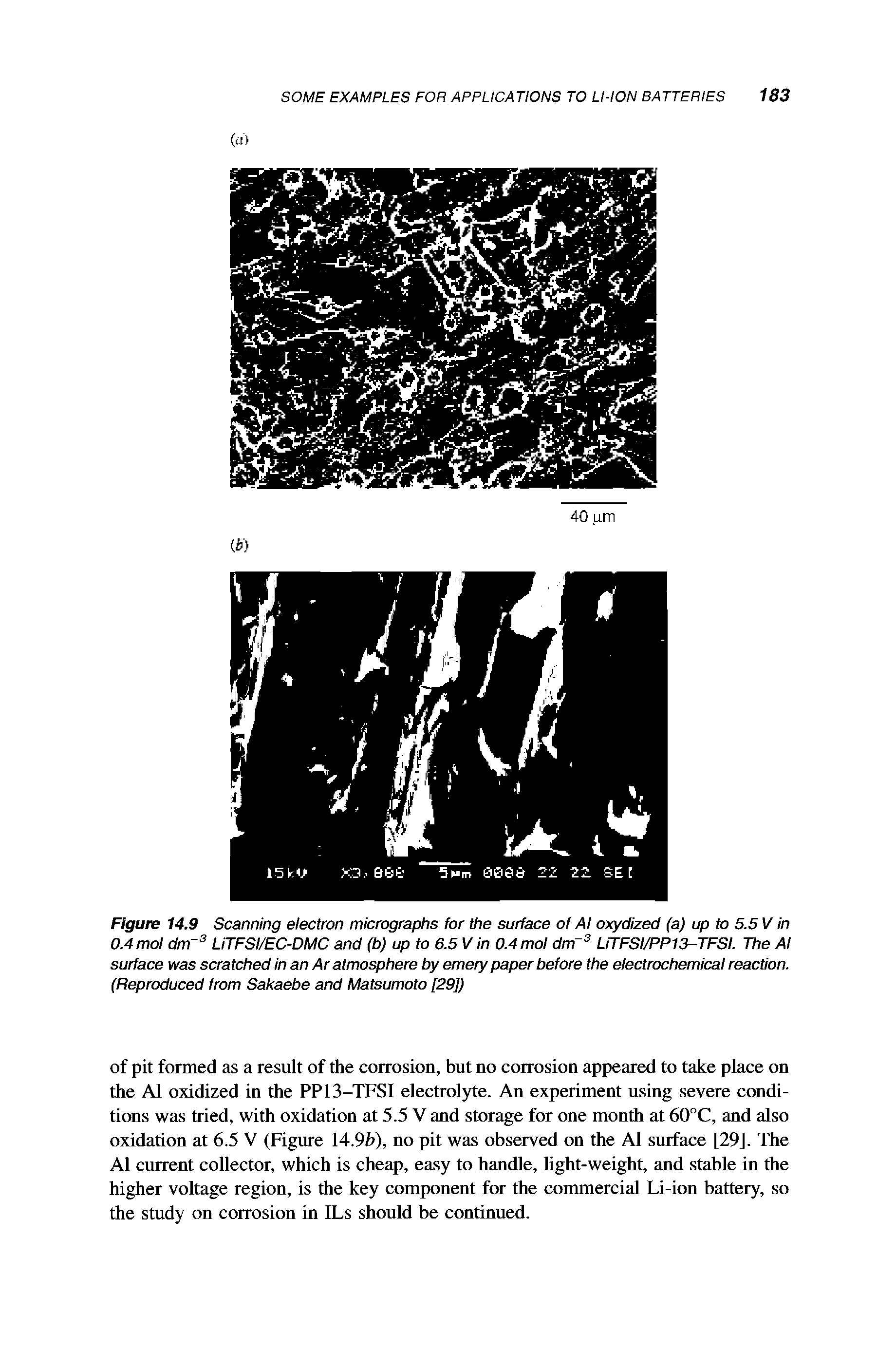 Figure 14.9 Scanning electron micrographs for the surface of Al oxydized (a) up to 5.5 V in 0.4 mol dm- LiTFSI/EC-DMC and (b) up to 6.5 V in 0.4 mol dm UTFSI/PP13-TFSI. The Al surface tvas scratched in an Ar atmosphere by emery paper before the electrochemical reaction. (Reproduced from Sakaebe and Matsumoto [29])...