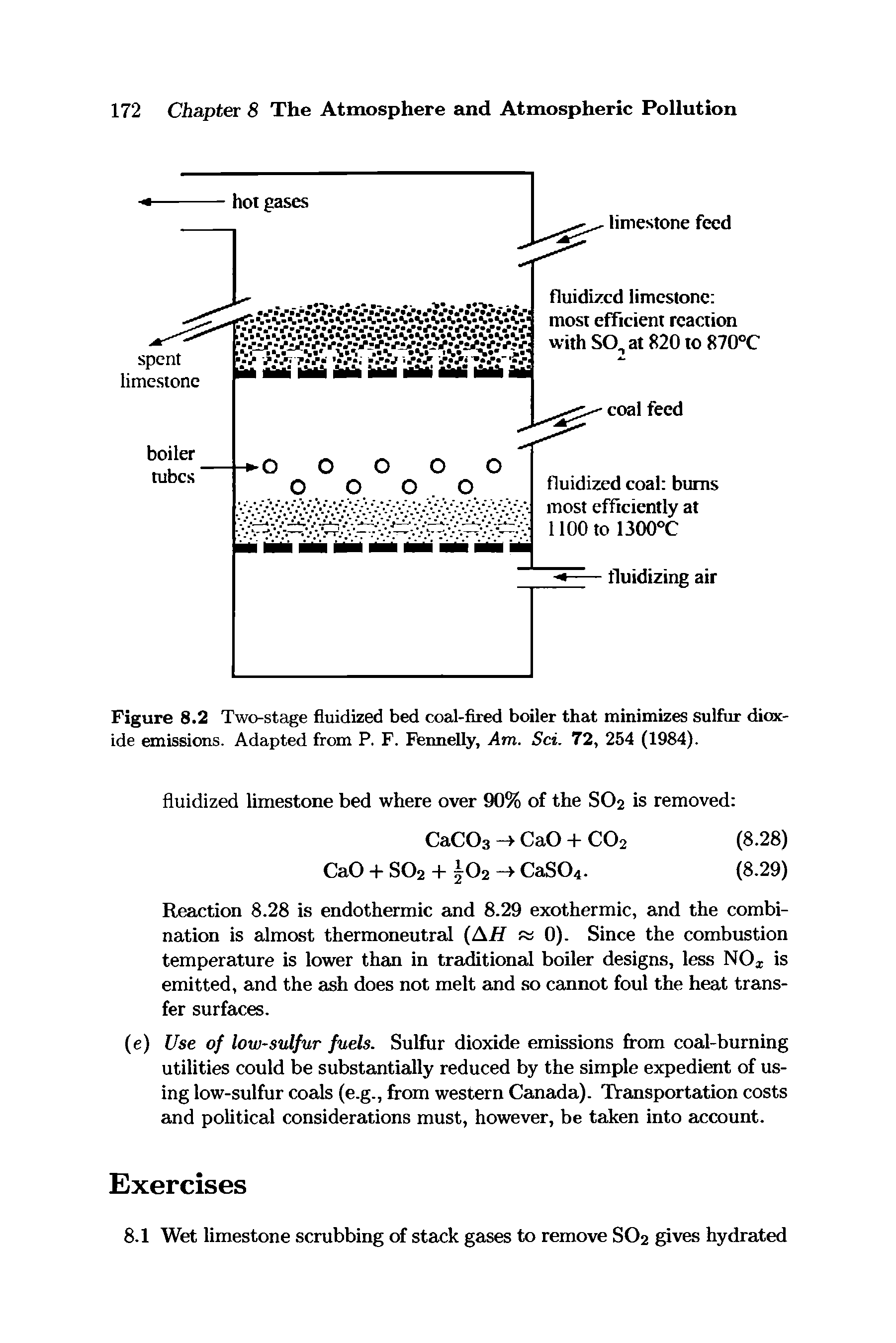 Figure 8.2 Two-stage fluidized bed coal-fired boiler that minimizes sulfur dioxide emissions. Adapted from P. F. Fennelly, Am. Sci. 72, 254 (1984).