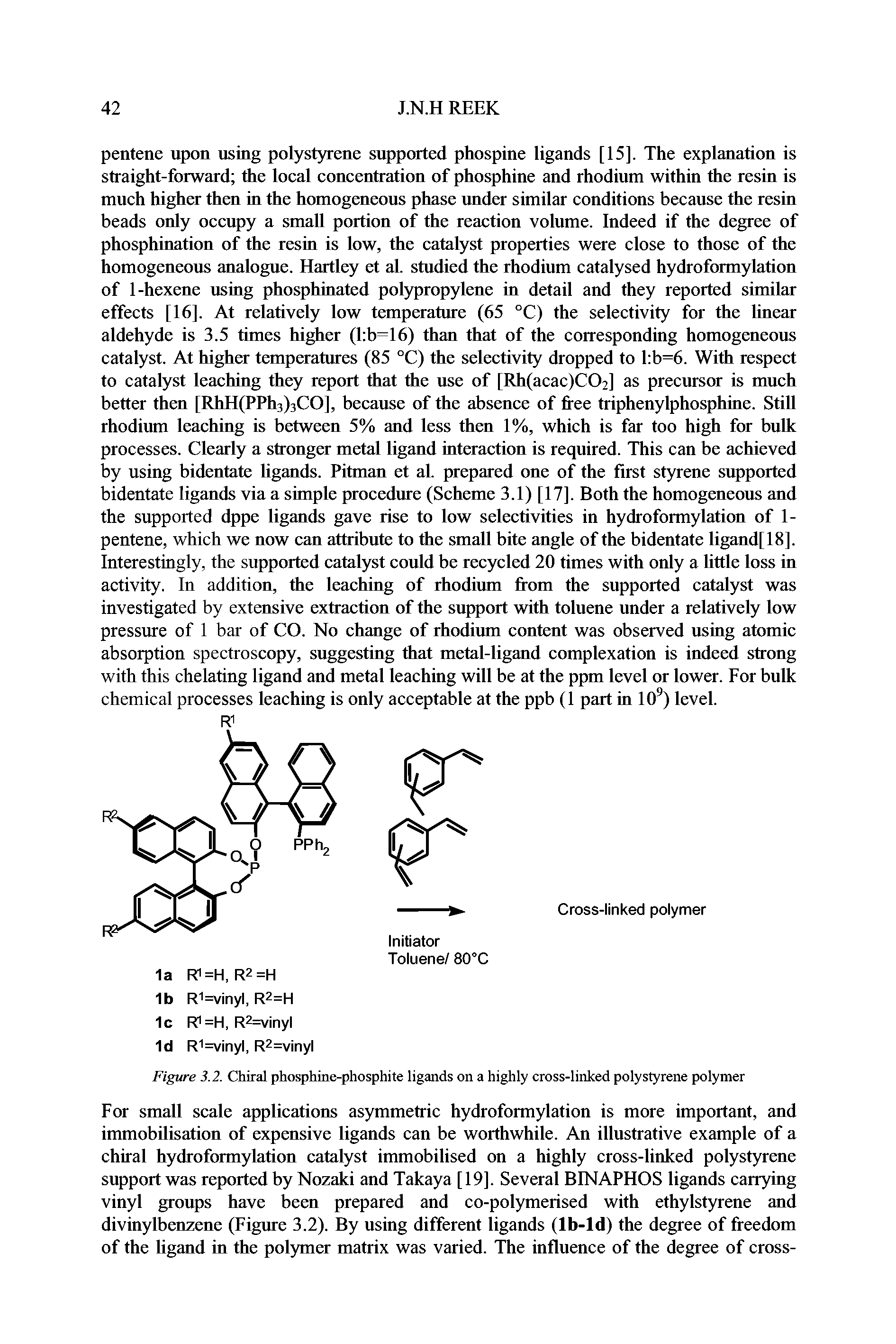 Figure 3.2. Chiral phosphine-phosphite ligands on a highly cross-linked polystyrene polymer...