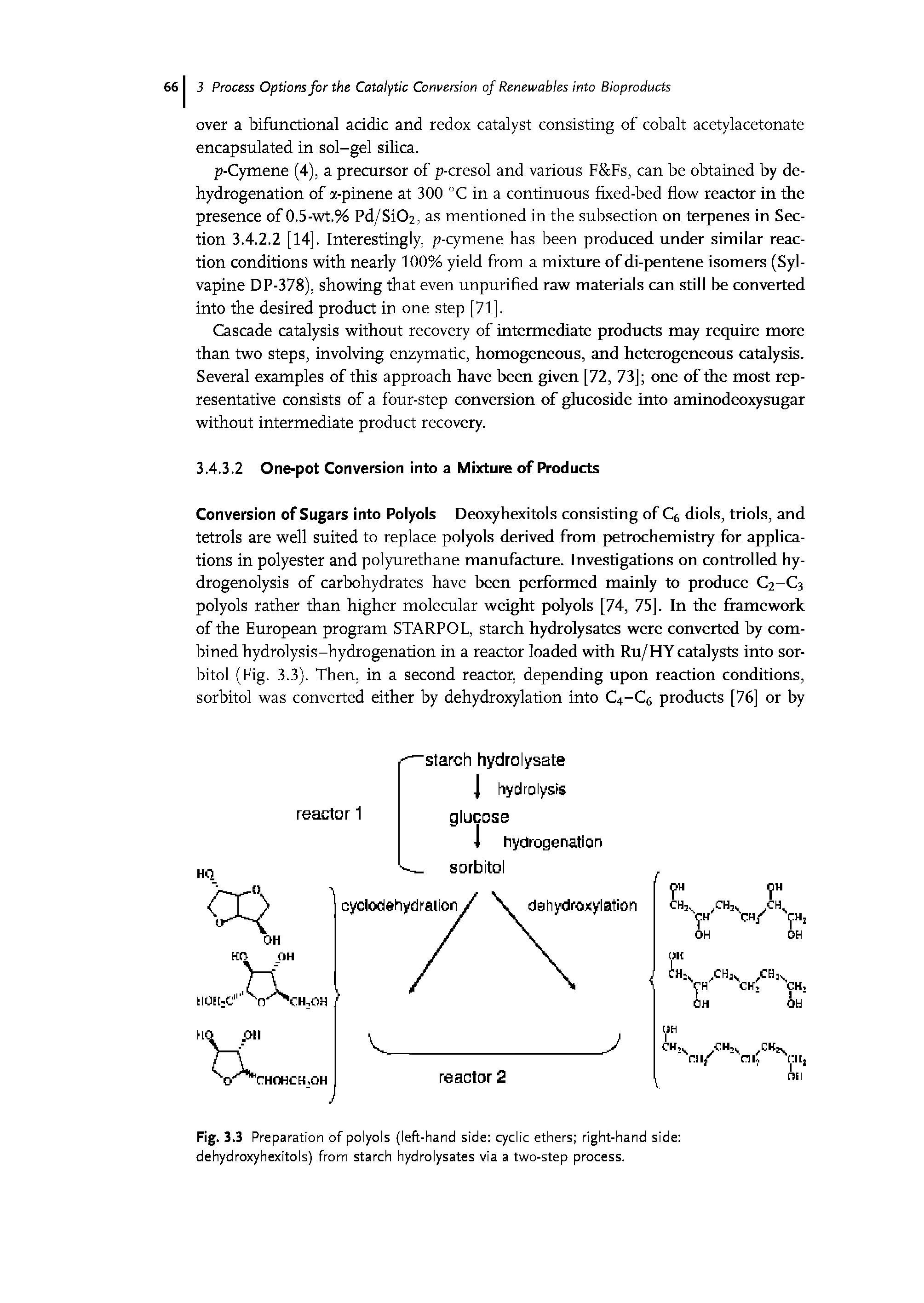 Fig. 3.3 Preparation of polyols (left-hand side cyclic ethers right-hand side dehydroxyhexitols) from starch hydrolysates via a two-step process.