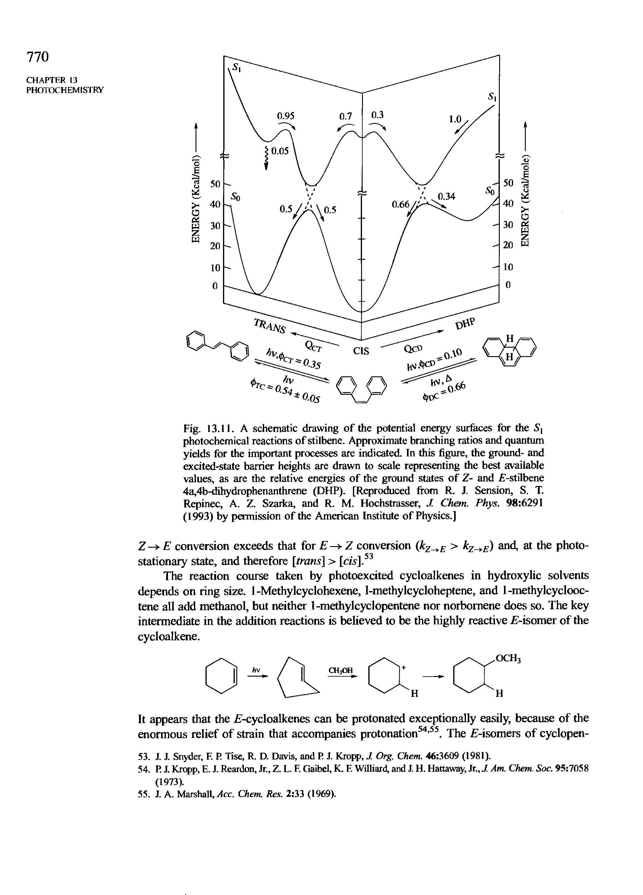 Fig. 13.11. A schematic drawing of the potential energy surfaces for the photochemical reactions of stilbene. Approximate branching ratios and quantum yields for the important processes are indicated. In this figure, the ground- and excited-state barrier heights are drawn to scale representing the best available values, as are the relative energies of the ground states of Z- and E -stilbene 4a,4b-dihydrophenanthrene (DHP). [Reproduced from R. J. Sension, S. T. Repinec, A. Z. Szarka, and R. M. Hochstrasser, J. Chem. Phys. 98 6291 (1993) by permission of the American Institute of Physics.]...