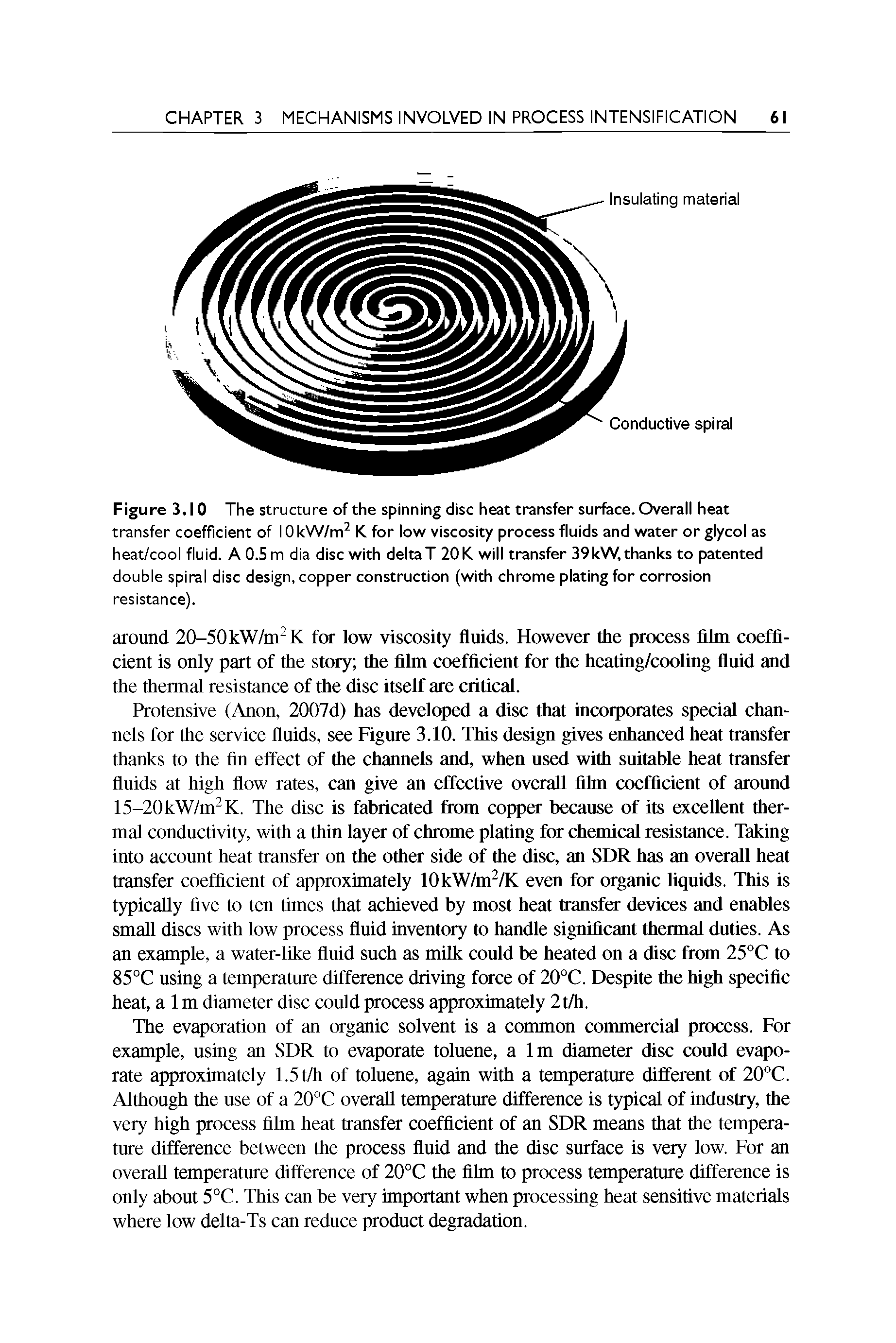 Figure 3.10 The structure of the spinning disc heat transfer surface. Overall heat transfer coefficient of 10 kW/m K for low viscosity process fluids and water or glycol as heat/cool fluid. A 0.5 m dia disc with deltaT 20K will transfer 39kW, thanks to patented double spiral disc design, copper construction (with chrome plating for corrosion resistance).