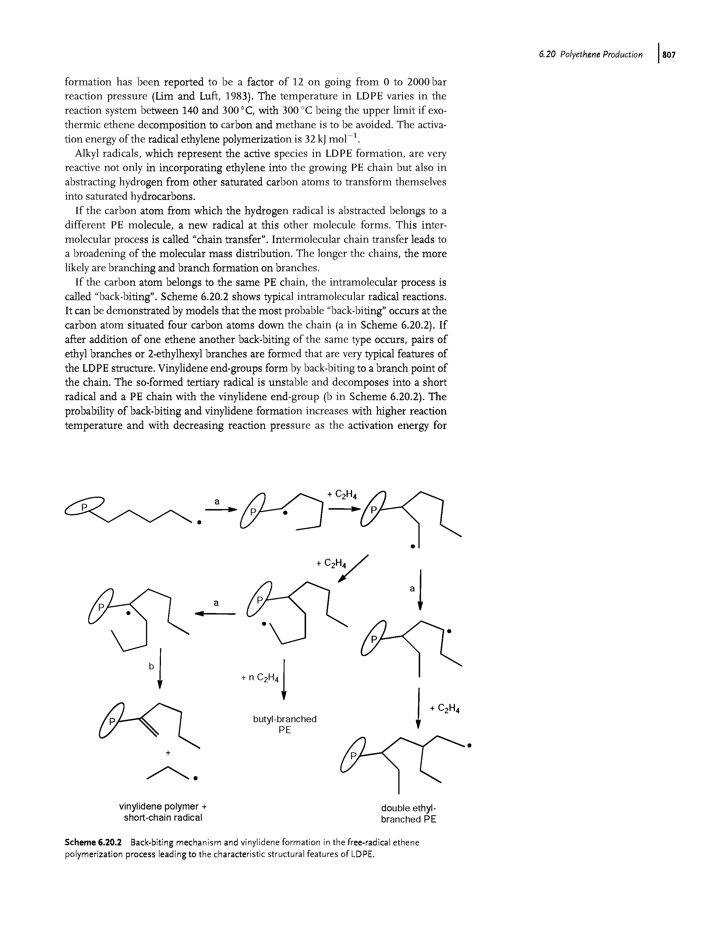 Scheme 6.20.2 Back-biting mechanism and vinylidene formation in the free-radical ethene polymerization process leading to the characteristic structural features of LDPE.