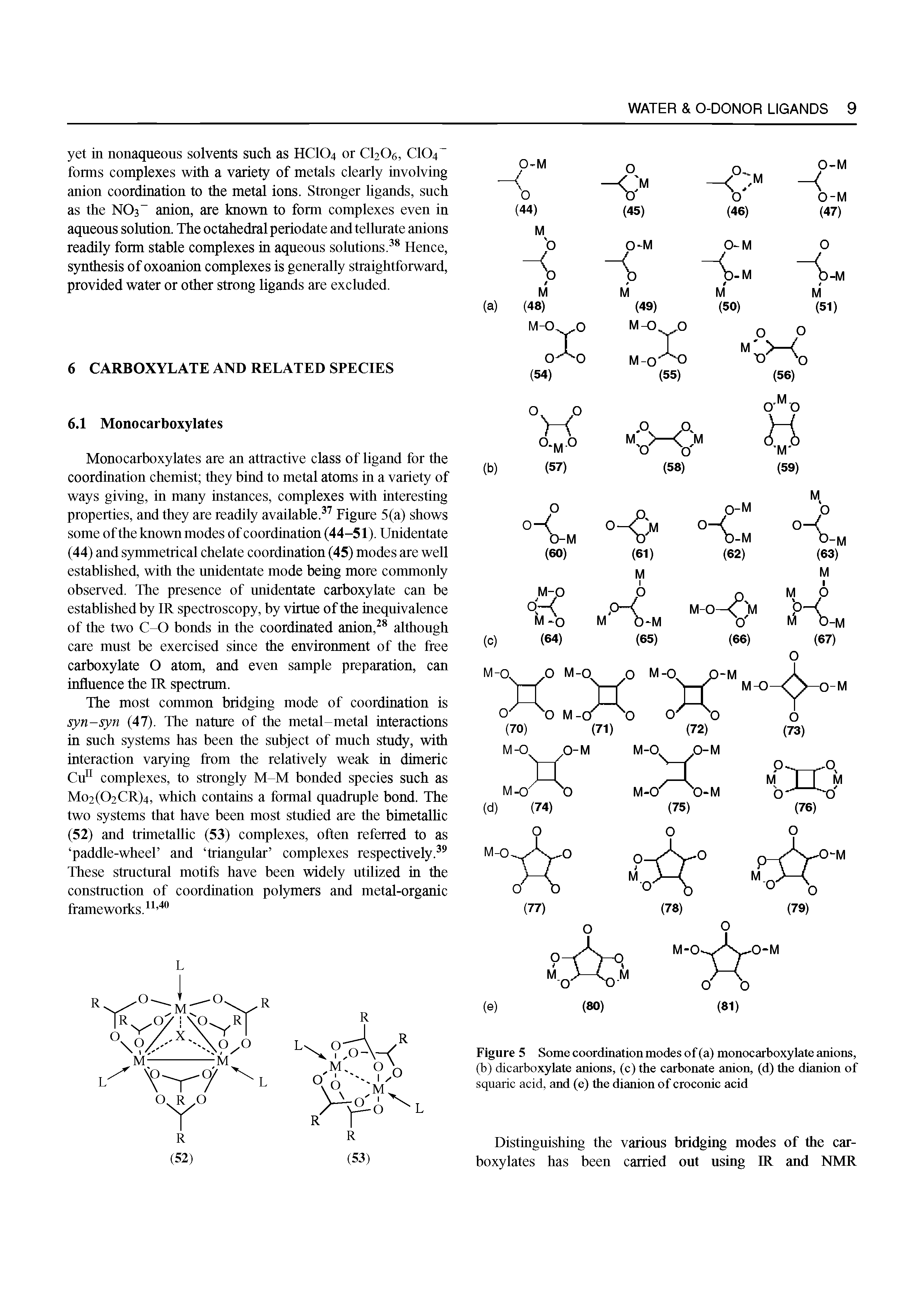 Figure 5 Some coordination modes of (a) monocarboxylate anions, (b) dicarboxylate anions, (c) the carbonate anion, (d) the dianion of squaric acid, and (e) the dianion of croconic acid...