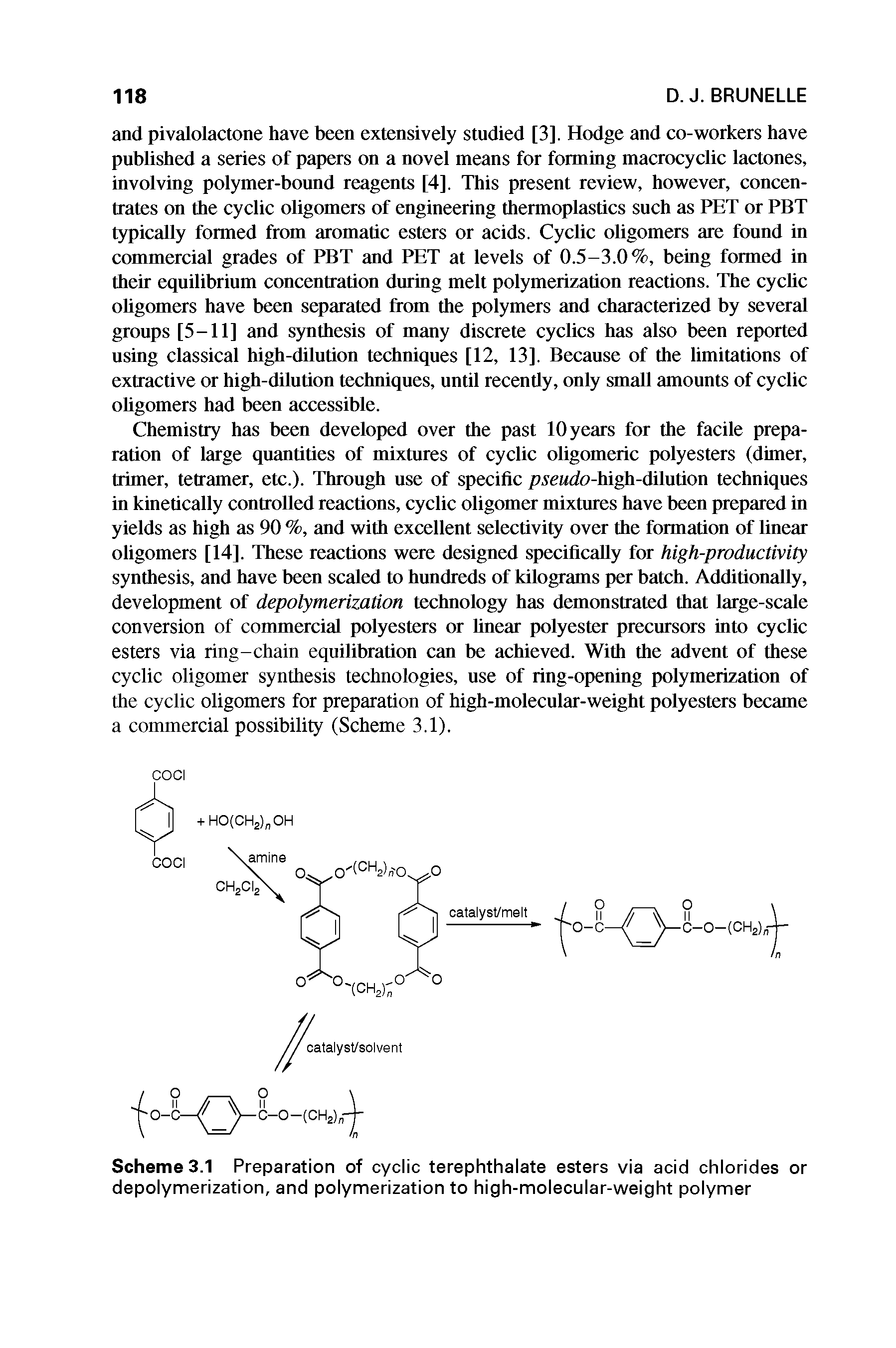 Scheme 3.1 Preparation of cyclic terephthalate esters via acid chlorides or depolymerization, and polymerization to high-molecular-weight polymer...