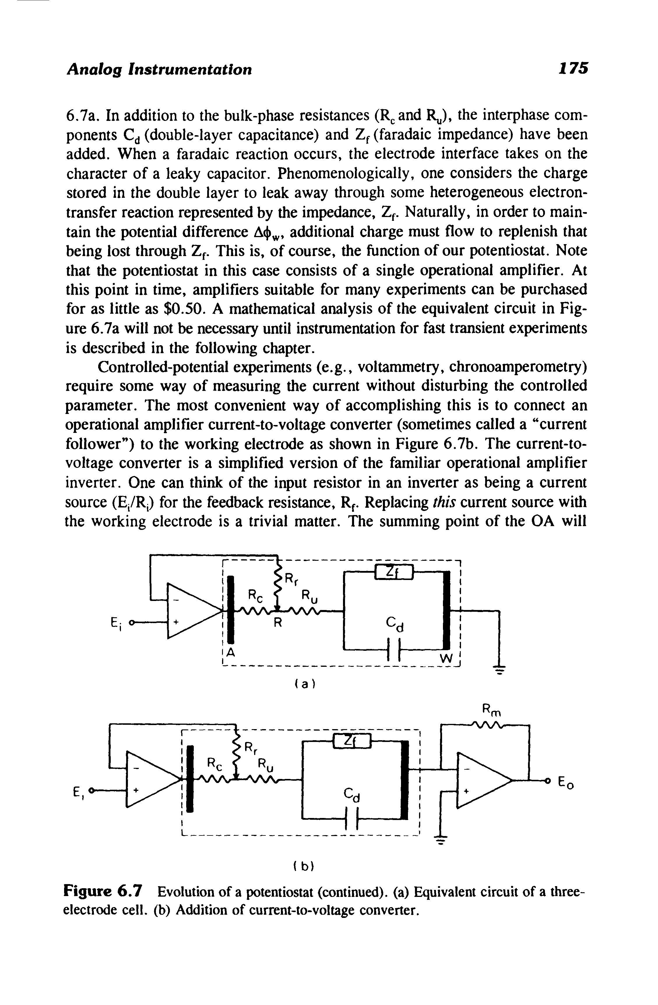 Figure 6.7 Evolution of a potentiostat (continued), (a) Equivalent circuit of a three-electrode cell, (b) Addition of current-to-voltage converter.