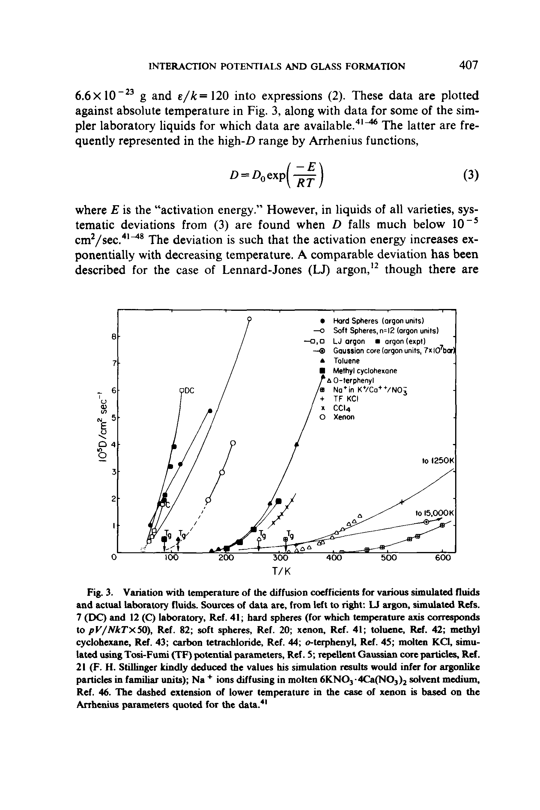 Fig. 3. Variation with temperature of the diffusion coefficients for various simulated fluids and actual laboratory fluids. Sources of data are, from left to right LJ argon, simulated Refs. 7 (DC) and 12 (C) laboratory. Ref. 41 bard spheres (for which temperature axis corresponds to pV/NkT X.50), Ref. 82 soft spheres. Ref. 20 xenon. Ref. 41 toluene. Ref. 42 methyl cyclohexane. Ref. 43 carbon tetrachloride. Ref. 44 o-terphenyl. Ref. 45 molten KQ, simulated using Tosi-Fumi (TF) potential parameters. Ref. S repellent Gaussian core particles. Ref. 21 (F. H. Stillinger kindly deduced the values his simulation results would infer for argonlike particles in familiar units) Na ions diffusing in molten 6KN03-4Ca(N0j)2 solvent medium. Ref. 46. The dashed extension of lower temperature in the case of xenon is based on the Arrhenius parameters quoted for the data. ...