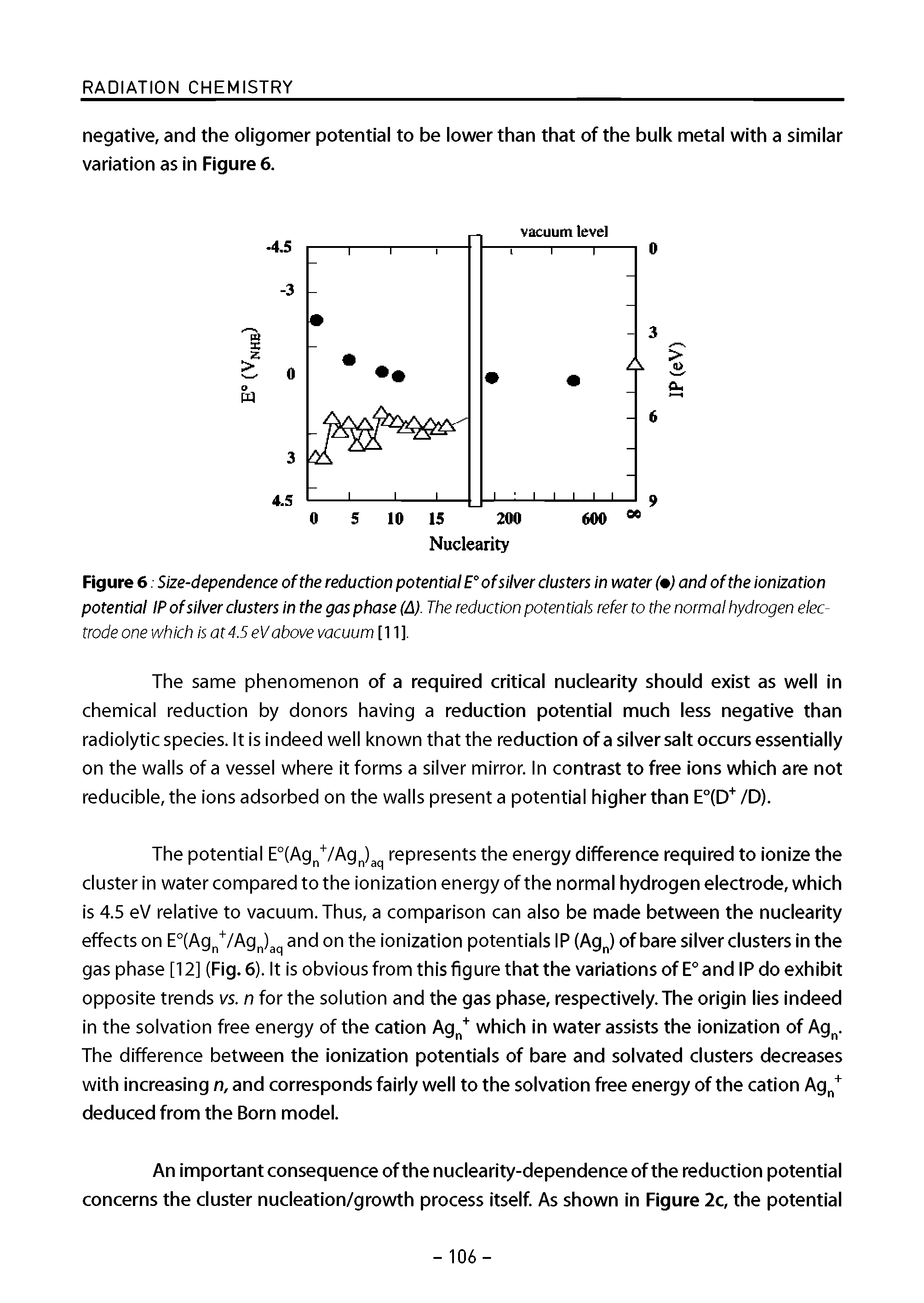 Figure 6. Size-dependence ofthe reduction potential E° of silver dusters in water ( ) and ofthe ionization potential IP of silver clusters in the gas phase (A). The reduction potentials refer to the normal hydrogen electrode one which is at4.5eVabove vacuum [11],...
