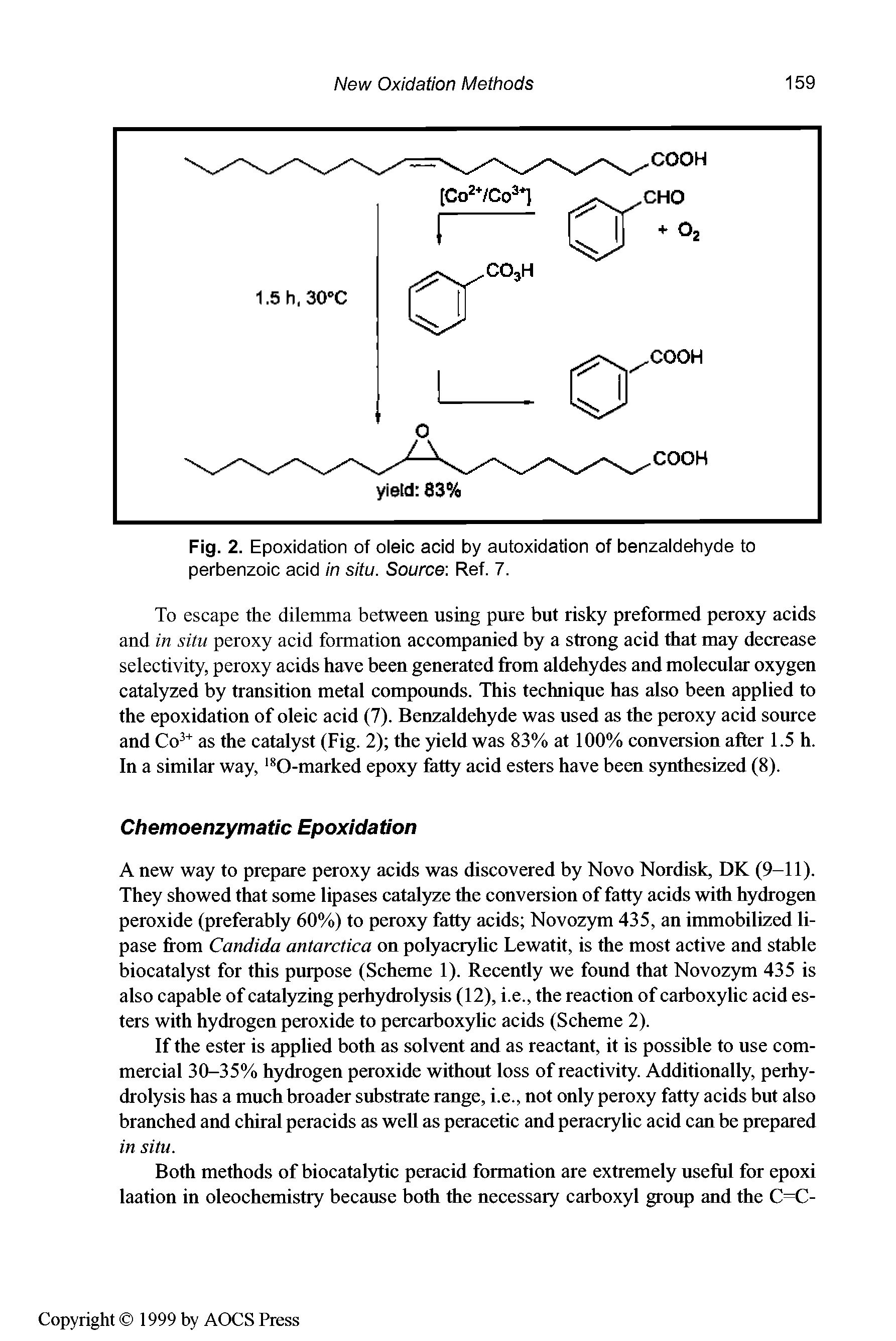 Fig. 2. Epoxidation of oleic acid by autoxidation of benzaldehyde to perbenzoic acid in situ. Source Ref. 7.