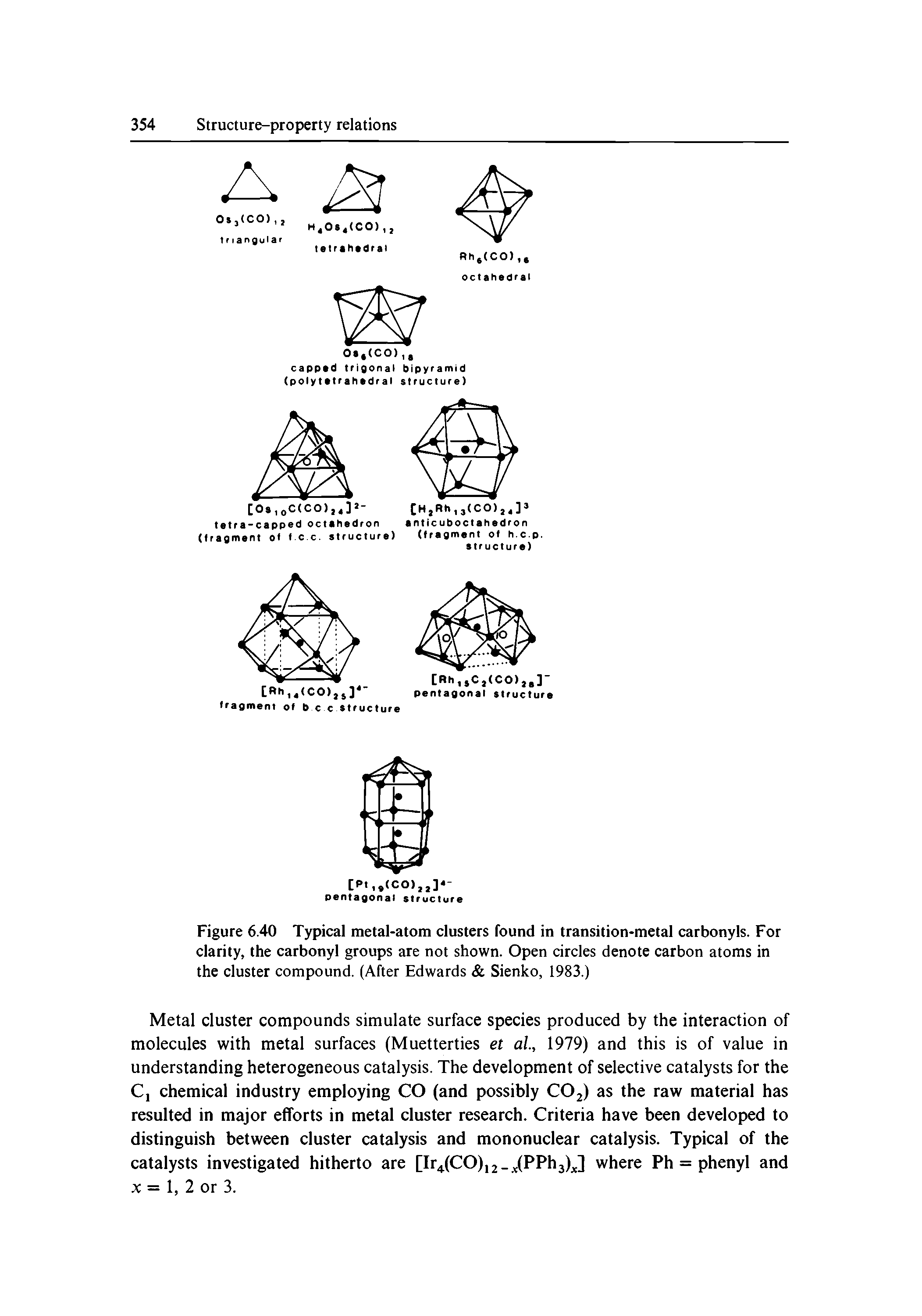 Figure 6.40 Typical metal-atom clusters found in transition-metal carbonyls. For clarity, the carbonyl groups are not shown. Open circles denote carbon atoms in the cluster compound. (After Edwards Sienko, 1983.)...