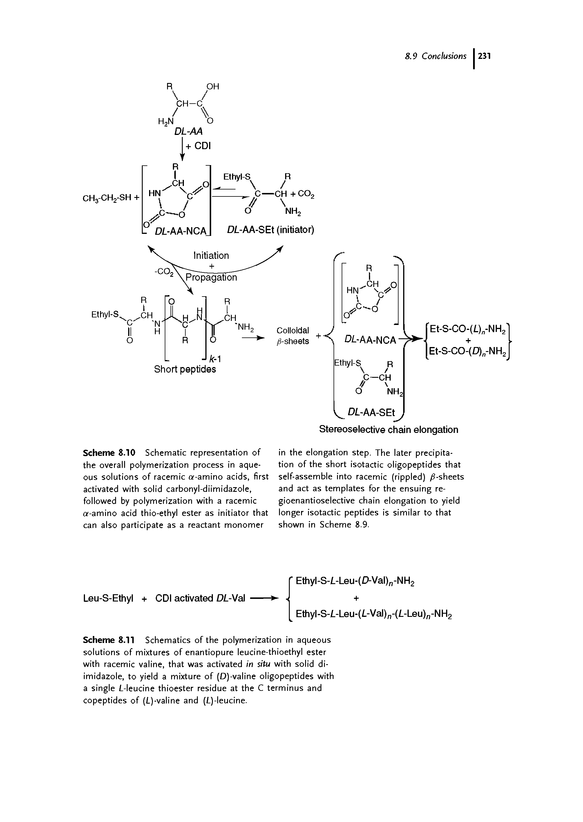 Scheme 8.10 Schematic representation of the overall polymerization process in aqueous solutions of racemic o -amino acids, first activated with solid carbonyl-diimidazole, followed by polymerization with a racemic a-amino acid thio-ethyl ester as initiator that can also participate as a reactant monomer...