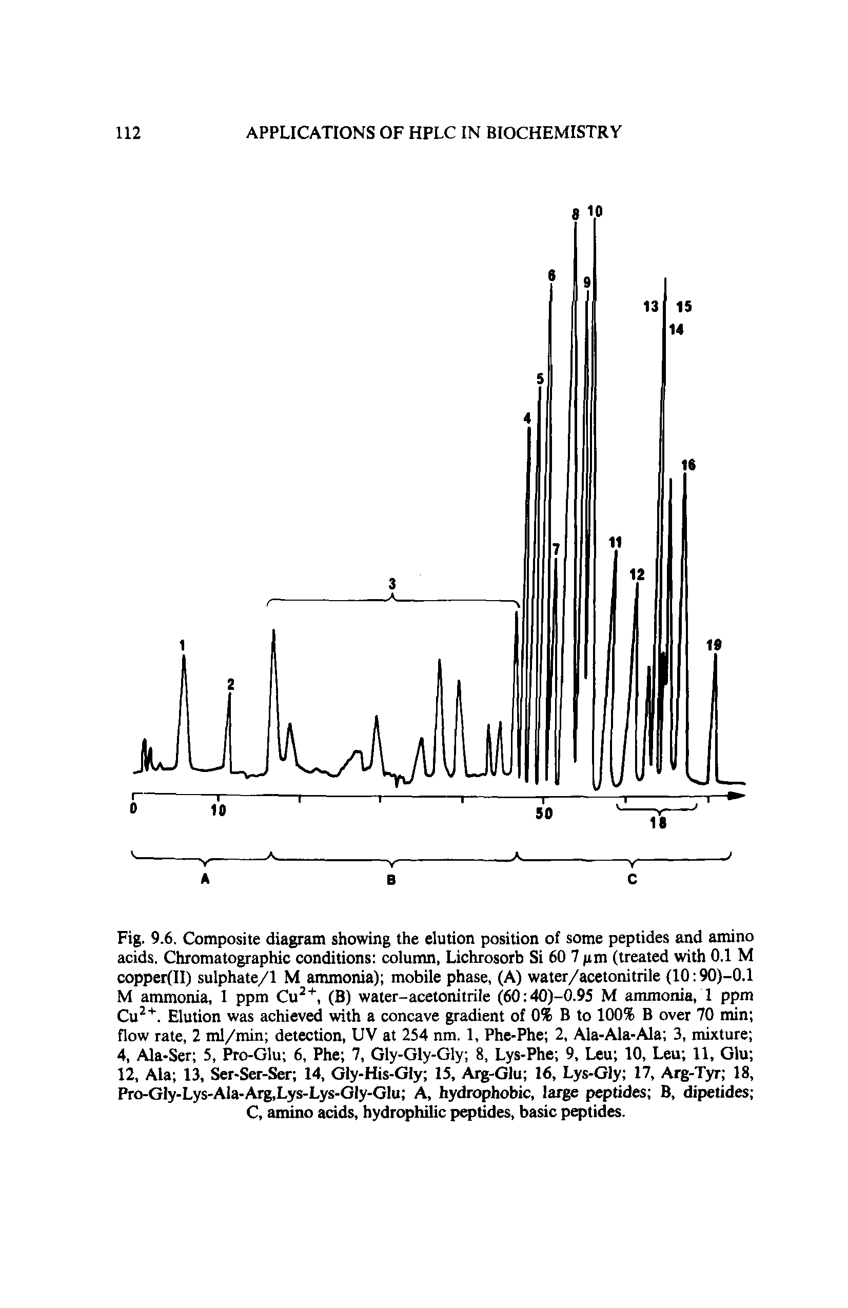 Fig. 9.6. Composite diagram showing the elution position of some peptides and amino acids. Chromatographic conditions column, Lichrosorb Si 60 7 fim (treated with 0.1 M copper(II) sulphate/1 M ammonia) mobile phase, (A) water/acetonitrile (10 90)-0.1 M ammonia, 1 ppm Cu " ", (B) water-acetonitrile (60 40)-0.95 M ammonia, 1 ppm Cu " ". Elution was achieved with a concave gradient of 0% B to 100% B over 70 min flow rate, 2 ml/min detection, UV at 254 nm. 1, Phe-Phe 2, Ala-Ala-Ala 3, mixture 4, Ala-Ser 5, Pro-Glu 6, Phe 7, Gly-Gly-Gly 8, Lys-Phe 9, Leu 10, Leu 11, Glu 12, Ala 13, Ser-Ser-Ser 14, Gly-His-Gly 15, Arg-Glu 16, Lys-Gly 17, Arg-Tyr 18, Pro-Gly-Lys-Ala-Arg,Lys-Lys-Gly-Glu A, hydrophobic, large peptides B, dipetides C, amino acids, hydrophilic peptides, basic peptides.
