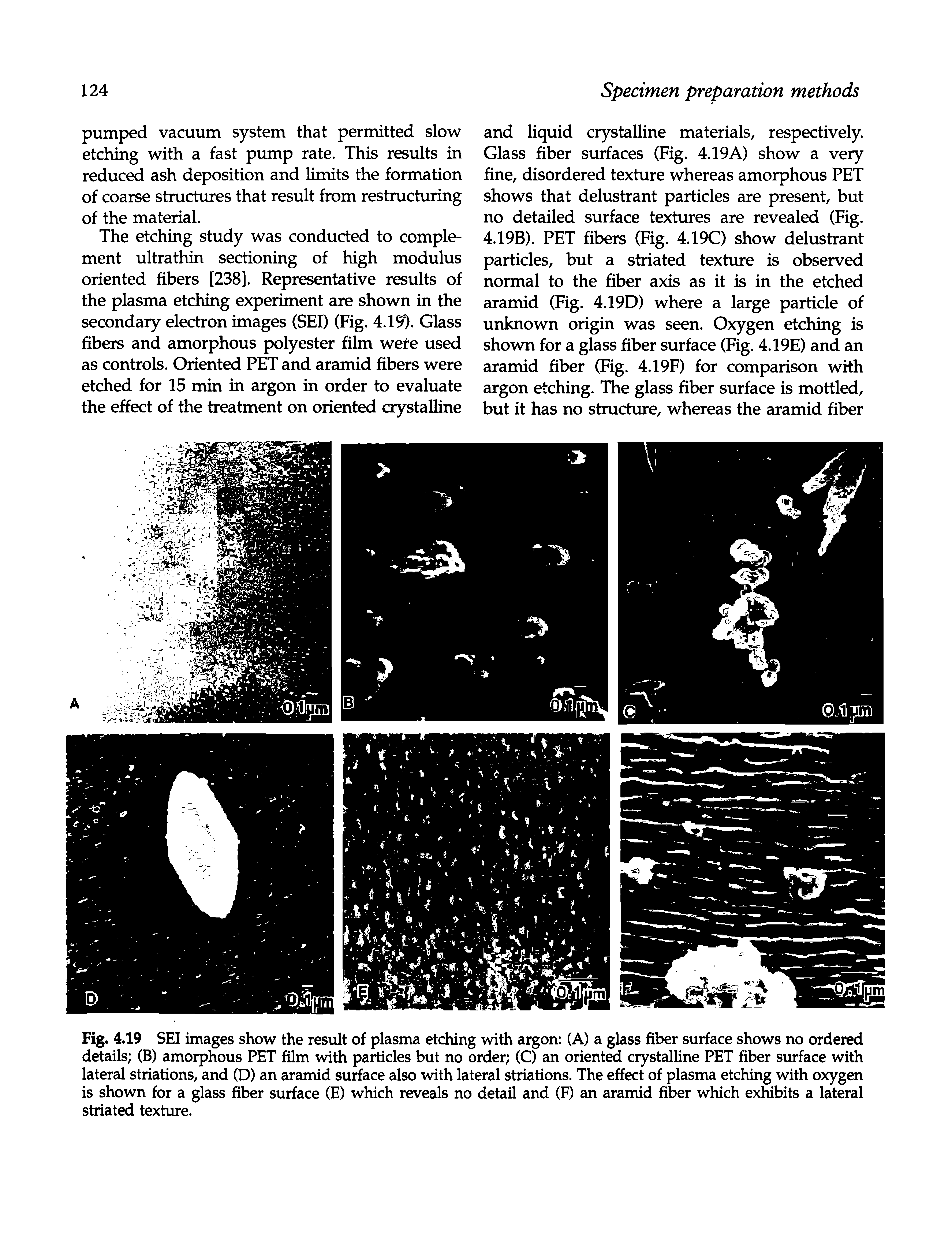 Fig. 4.19 SEI images show the result of plasma etching with argon (A) a glass fiber surface shows no ordered details (B) amorphous PET film with particles but no order (C) an orient crystalline PET fiber surface with lateral striations, and (D) an aramid surface also with lateral striations. The effect of plasma etching with oxygen is shown for a glass fiber surface (E) which reveals no detail and (F) an aramid fiber which exWbits a lateral striated texture.