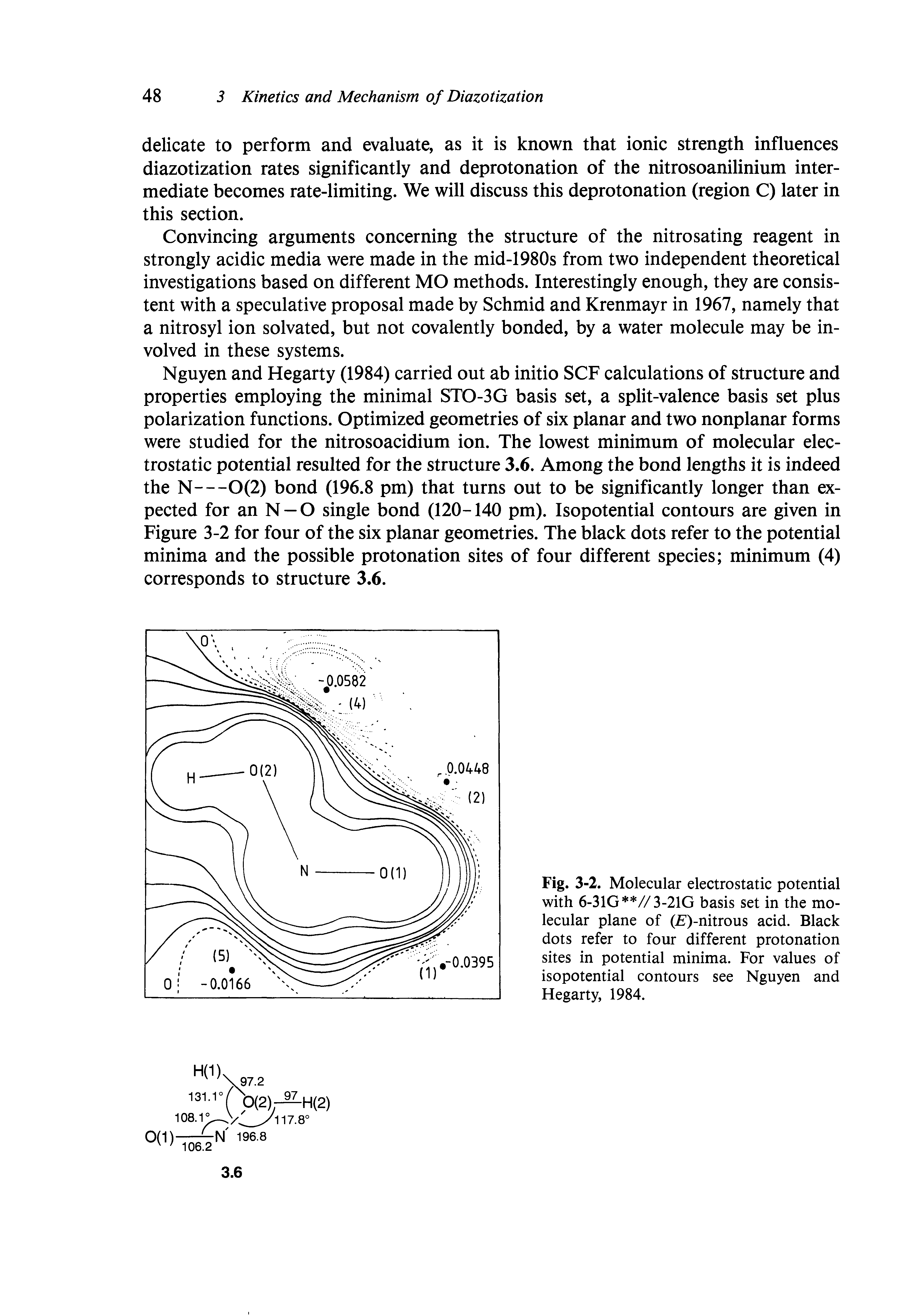 Fig. 3-2. Molecular electrostatic potential with 6-31G //3-21G basis set in the molecular plane of (ii)-nitrous acid. Black dots refer to four different protonation sites in potential minima. For values of isopotential contours see Nguyen and Hegarty, 1984.