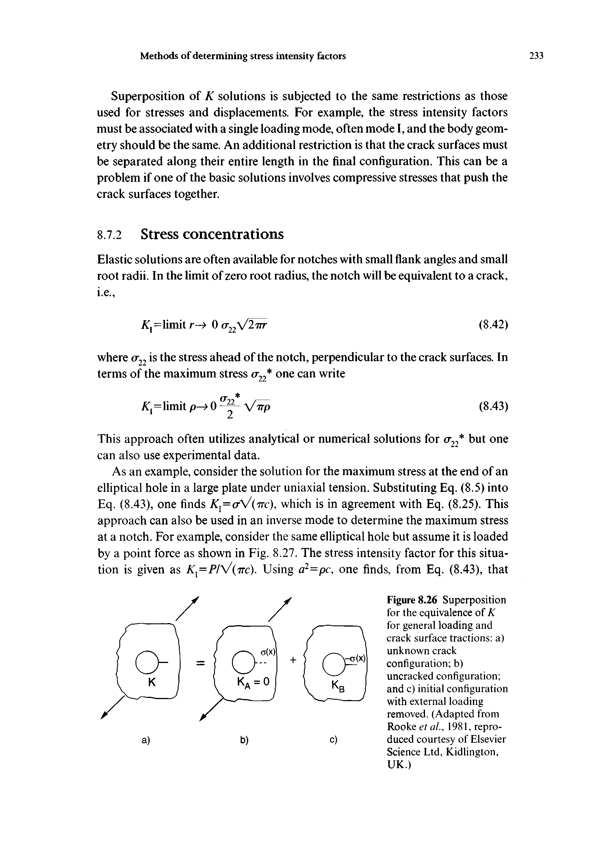 Figure 8.26 Superposition for the equivalence of K for general loading and crack surface tractions a) unknown crack configuration b) uncracked configuration and c) initial configuration with external loading removed. (Adapted from Rooke et ai, 1981, reproduced courtesy of Elsevier Science Ltd, Kidlington, UK.)...