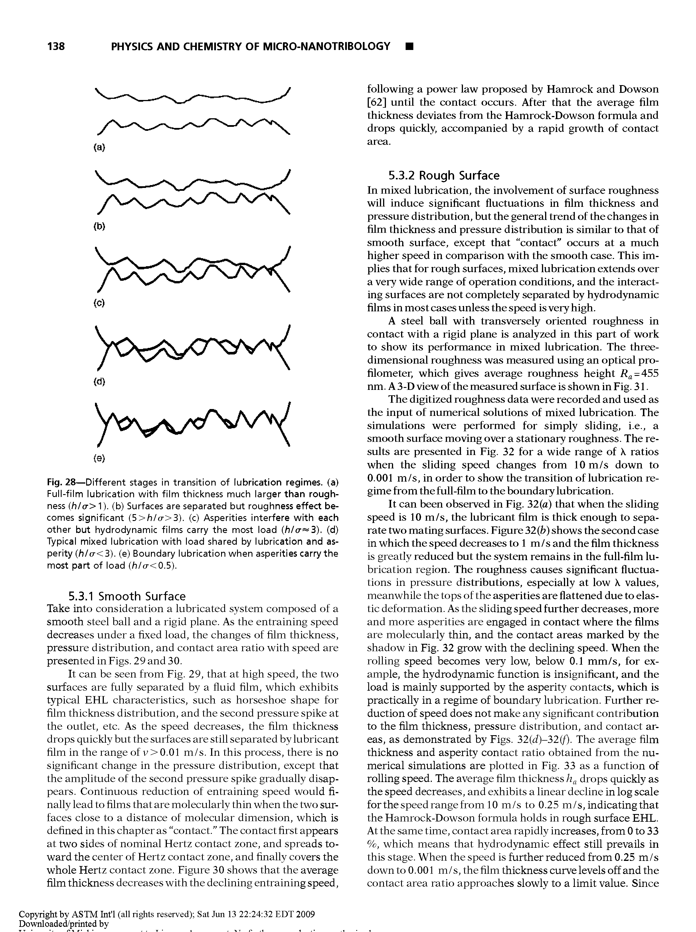 Fig. 28—Different stages in transition of lubrication regimes, (a) Full-film lubrication with film thickness much larger than roughness h/cr> ). (b) Surfaces are separated but roughness effect becomes significant (5>/i/cr>3). (c) Asperities interfere with each other but hydrodynamic films carry the most load (h/cr 3). (d) Typical mixed lubrication with load shared by lubrication and asperity (h/cr<3). (e) Boundary lubrication when asperities carry the most part of load (h/a-<0.S).