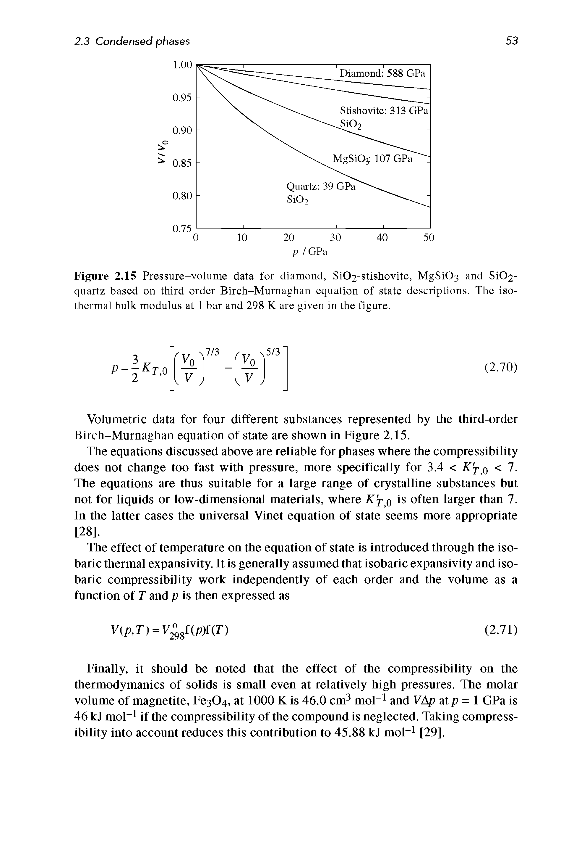 Figure 2.15 Pressure-volume data for diamond, SiC>2-stishovite, MgSiC>3 and 8102-quartz based on third order Birch-Murnaghan equation of state descriptions. The isothermal bulk modulus at 1 bar and 298 K are given in the figure.