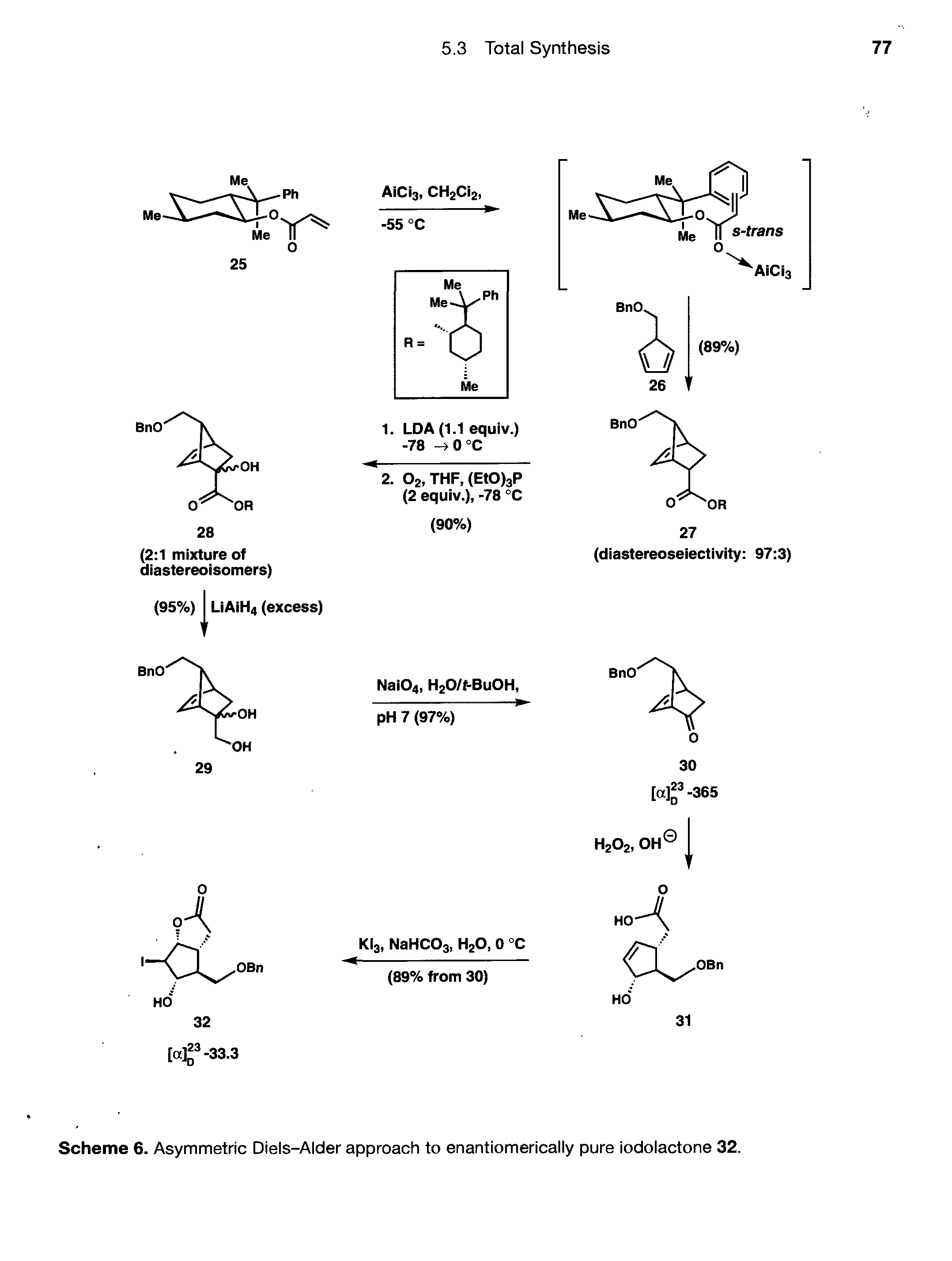 Scheme 6. Asymmetric Diels-Alder approach to enantiomerically pure iodolactone 32.