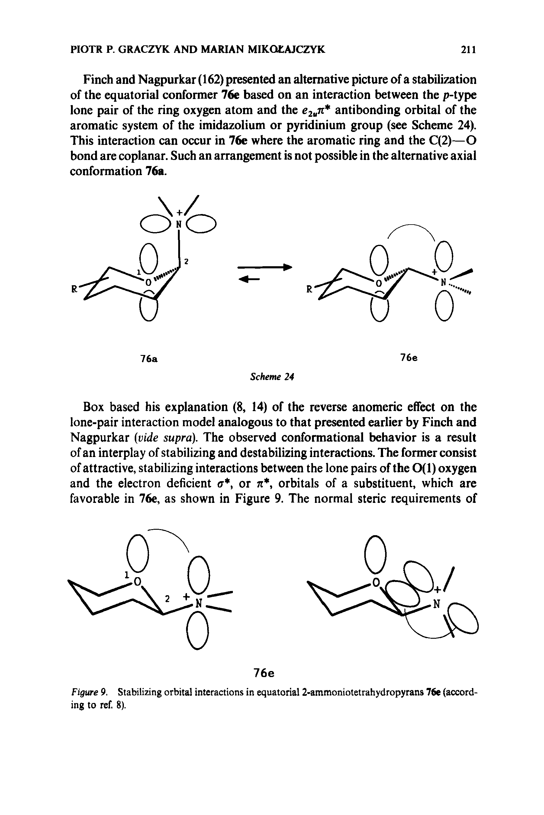 Figure 9. Stabilizing orbital interactions in equatorial 2-ammoniotetrahydropyrans 76e (according to ref. 8).