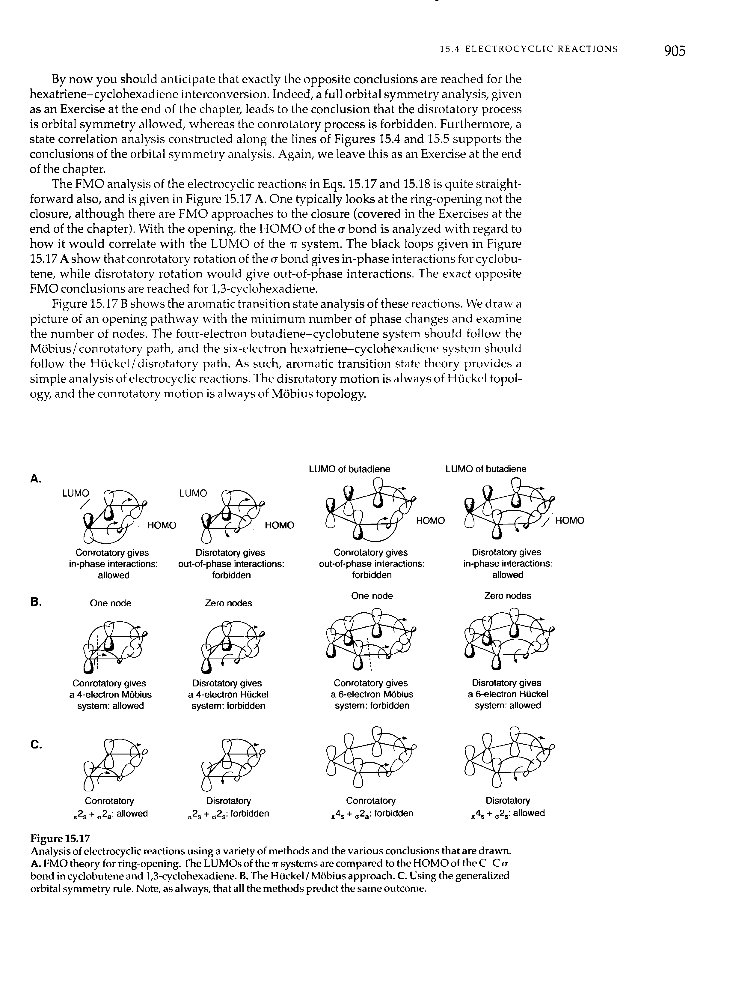 Figure 15.17 B shows the aromatic transition state analysis of these reactions. We draw a picture of an opening pathway with the minimum number of phase changes and examine the number of nodes. The four-electron butadiene-cyclobutene system should follow the Mobius/conrotatory path, and the six-electron hexatriene-cyclohexadiene system should follow the Hiickel/disrotatory path. As such, aromatic transition state theory provides a simple analysis of electrocyclic reactions. The disrotatory motion is always of Hiickel topology, and the conrotatory motion is always of Mobius topology.