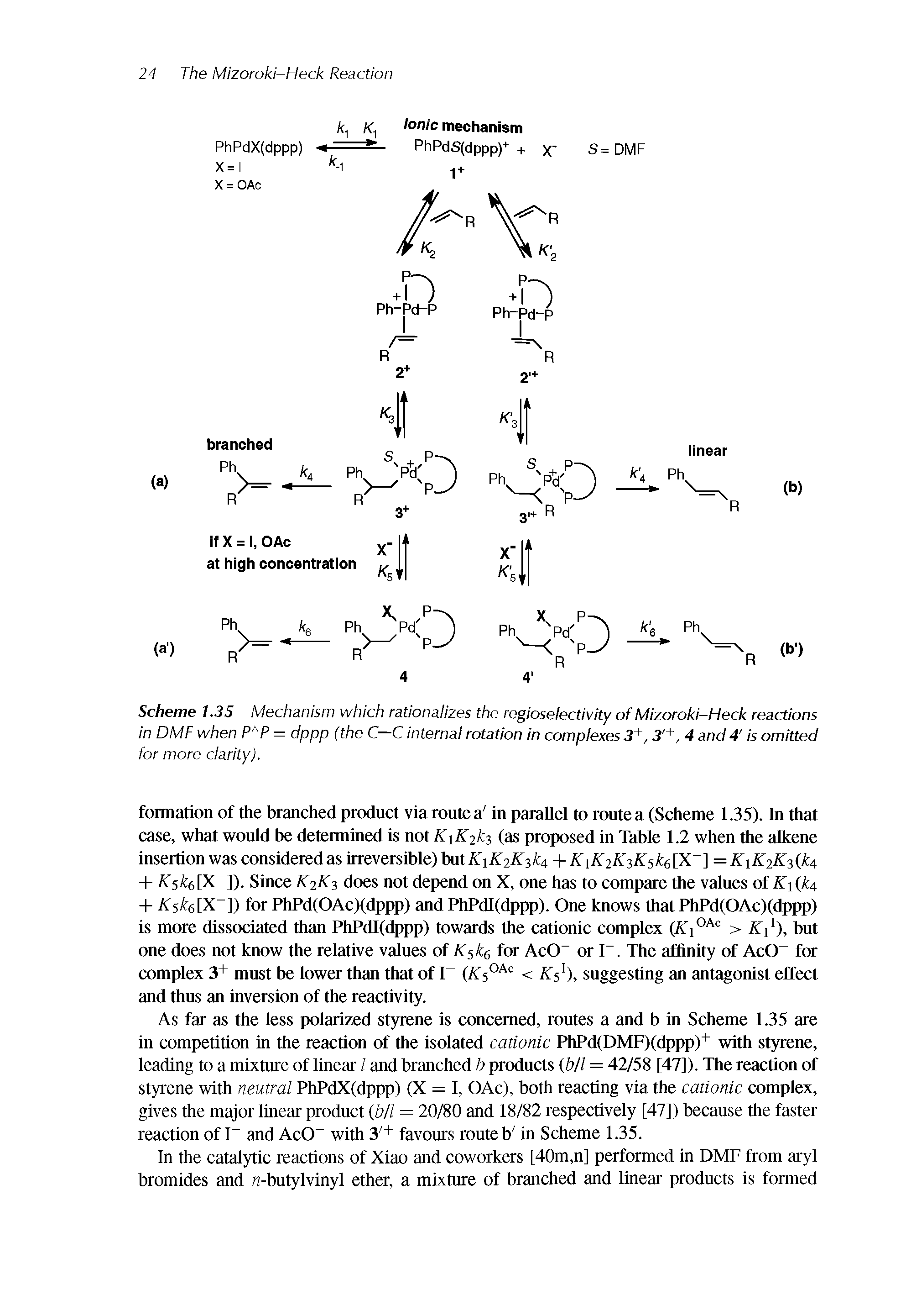 Scheme 1.35 Mechanism which rationalizes the regioselectivity of Mizoroki-Heck reactions in DMF when P P= dppp (the C—C internal rotation in complexes 3+, 3 +, 4 and 4 is omitted for more clarity).