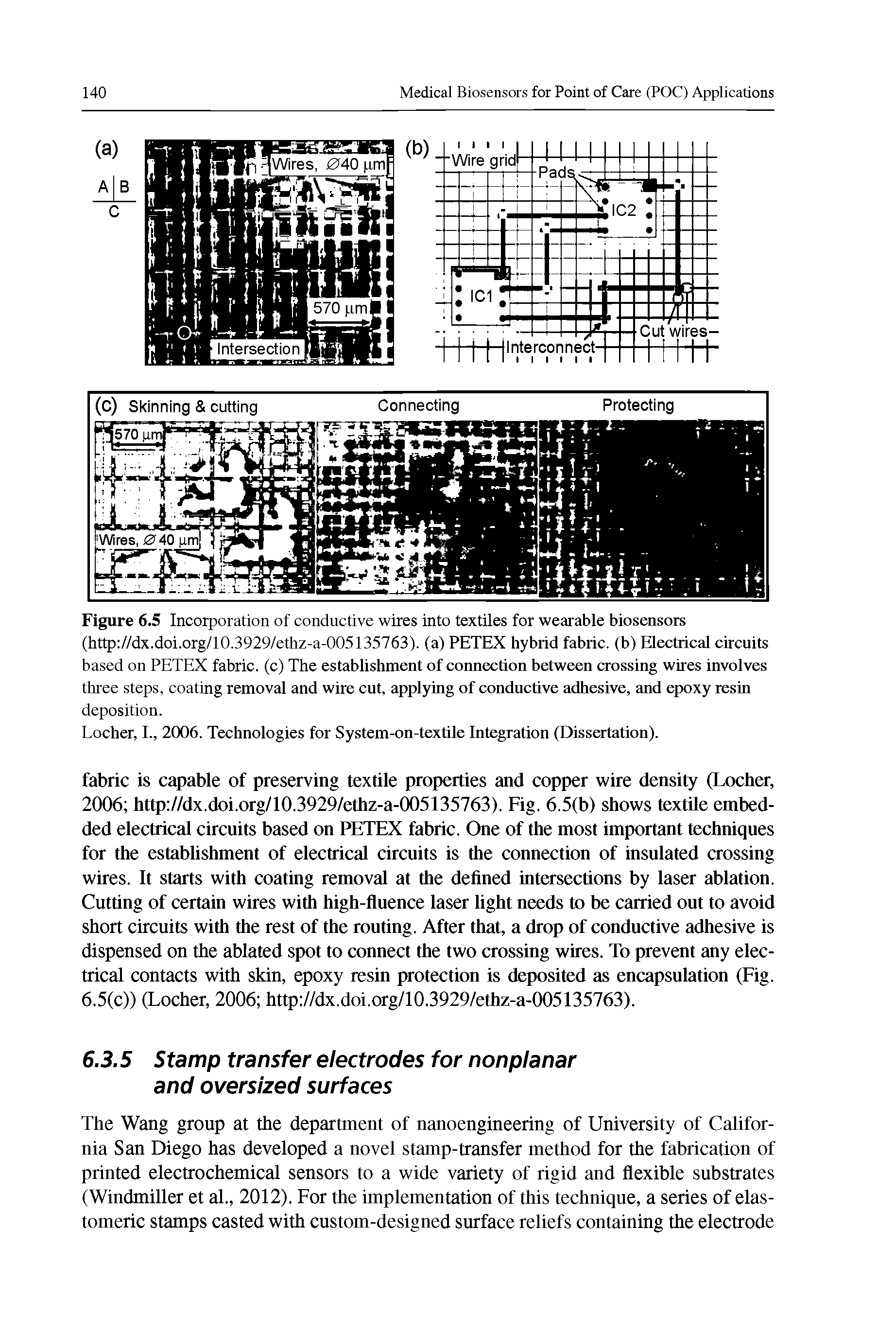 Figure 6.5 Incorporation of conductive wires into textiles for wearable biosensors (http //dx.doi.org/10.3929/ethz-a-005135763). (a) PETEX hybrid fabric, (b) Electrical circuits based on PETEX fabric, (c) The establishment of connection between crossing wires involves three steps, coating removal and wire cut, applying of conductive adhesive, and epoxy resin...