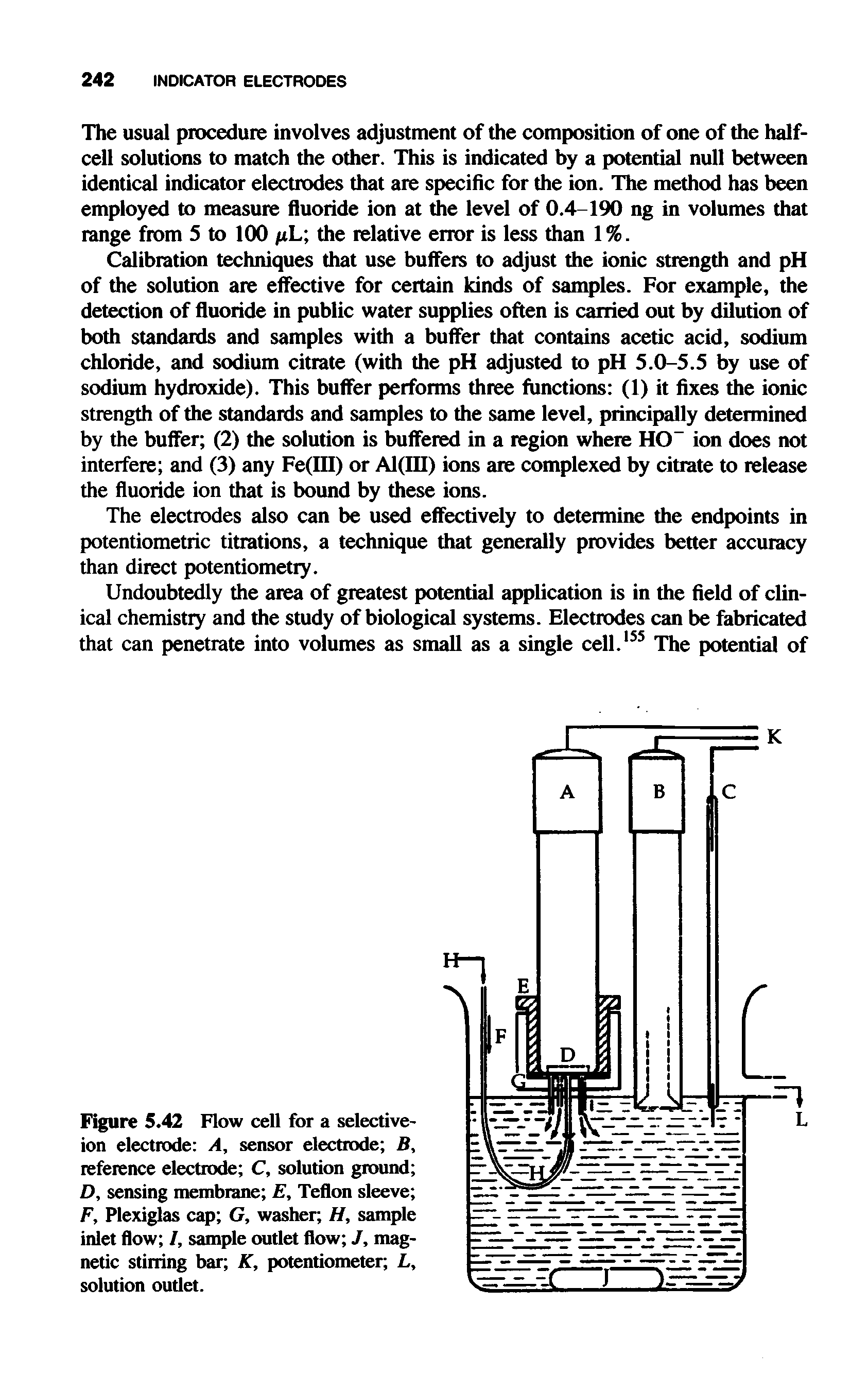 Figure 5.42 Flow cell for a selective-ion electrode A, sensor electrode B, reference electrode C, solution ground D, sensing membrane E, Teflon sleeve F, Plexiglas cap G, washer H, sample inlet flow /, sample outlet flow J, magnetic stirring bar K, potentiometer L, solution outlet.