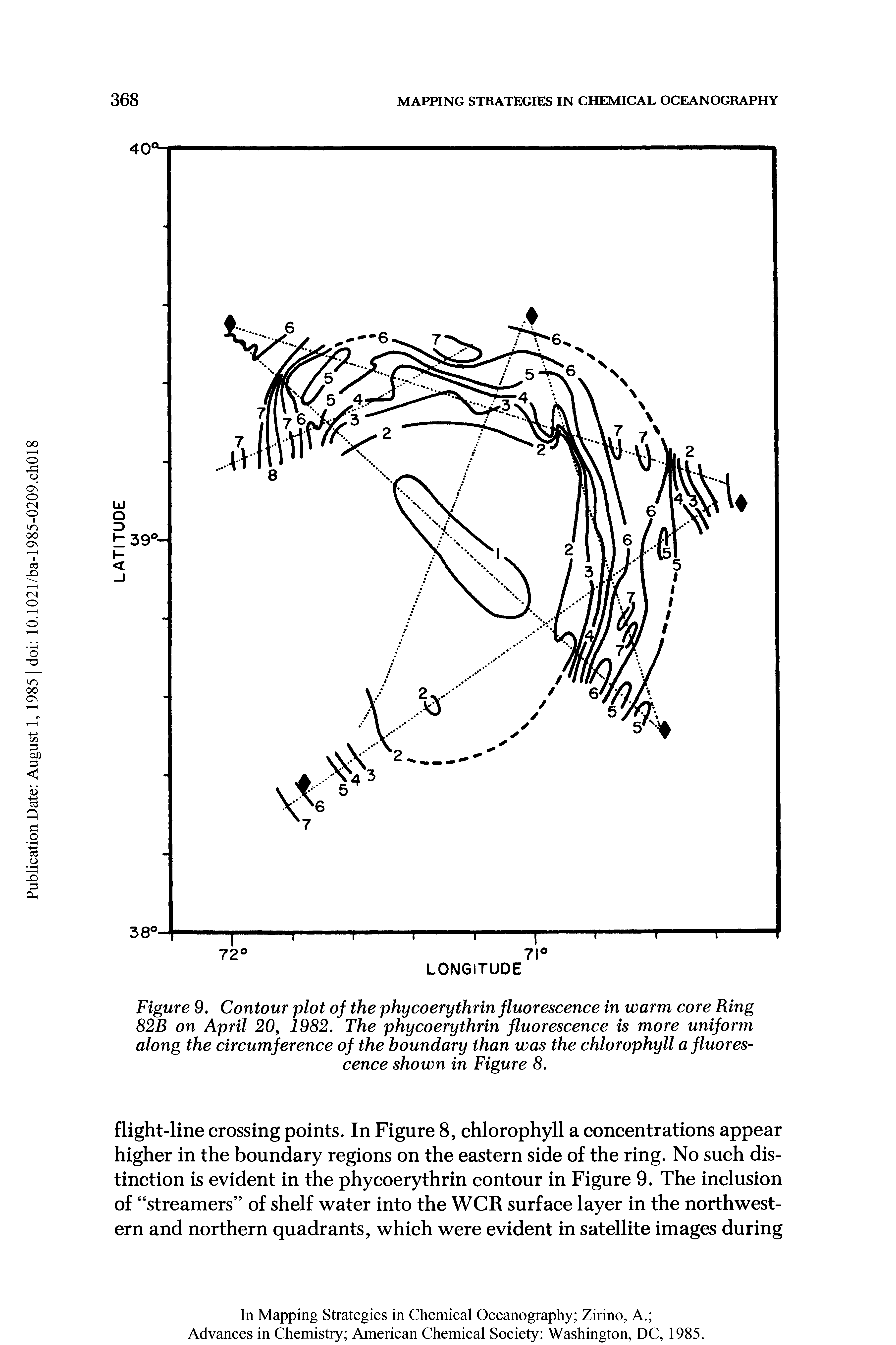 Figure 9. Contour plot of the phycoerythrin fluorescence in warm core Ring 82B on April 20, 1982. The phycoerythrin fluorescence is more uniform along the circumference of the boundary than was the chlorophyll a fluorescence shown in Figure 8.
