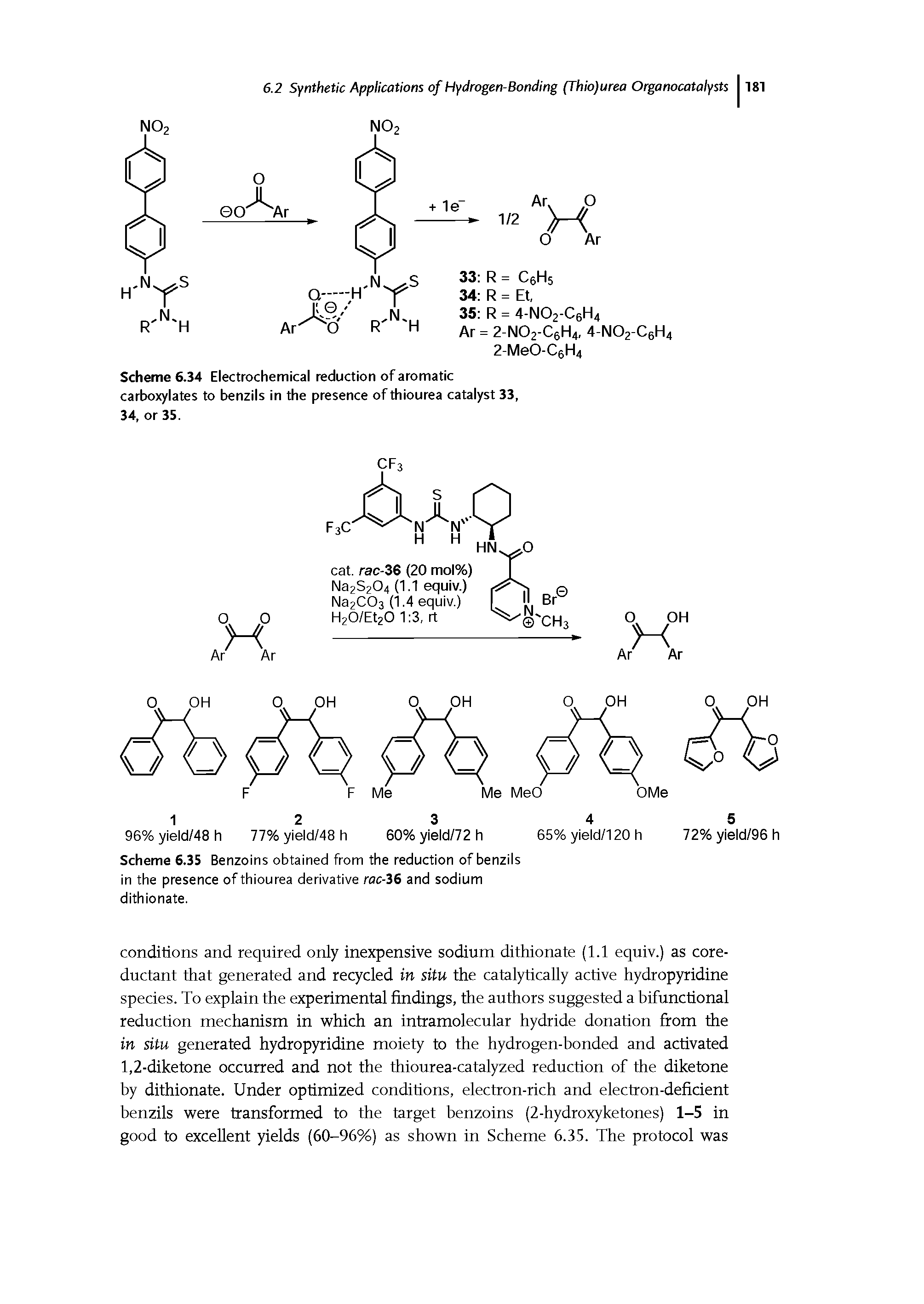 Scheme 6.34 Electrochemical reduction of aromatic carboxylates to benzils in the presence of thiourea catalyst 33, 34, or 35.