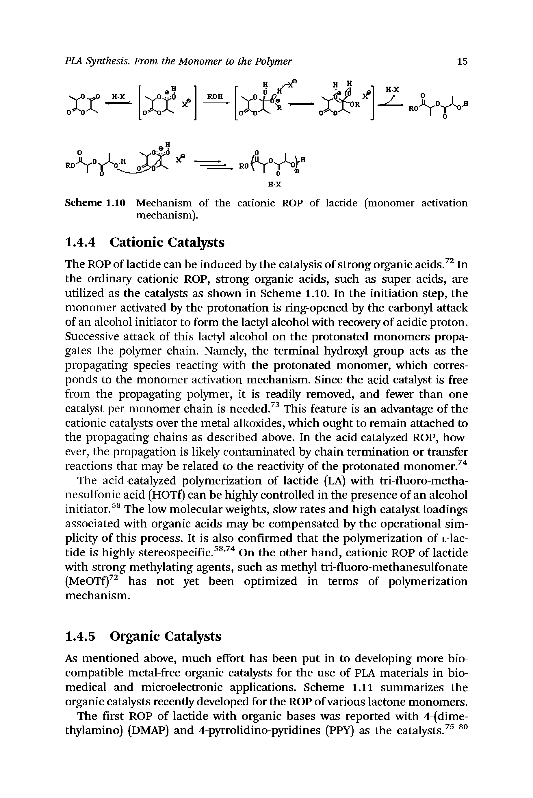 Scheme 1.10 Mechanism of the cationic ROP of lactide (monomer activation mechanism).