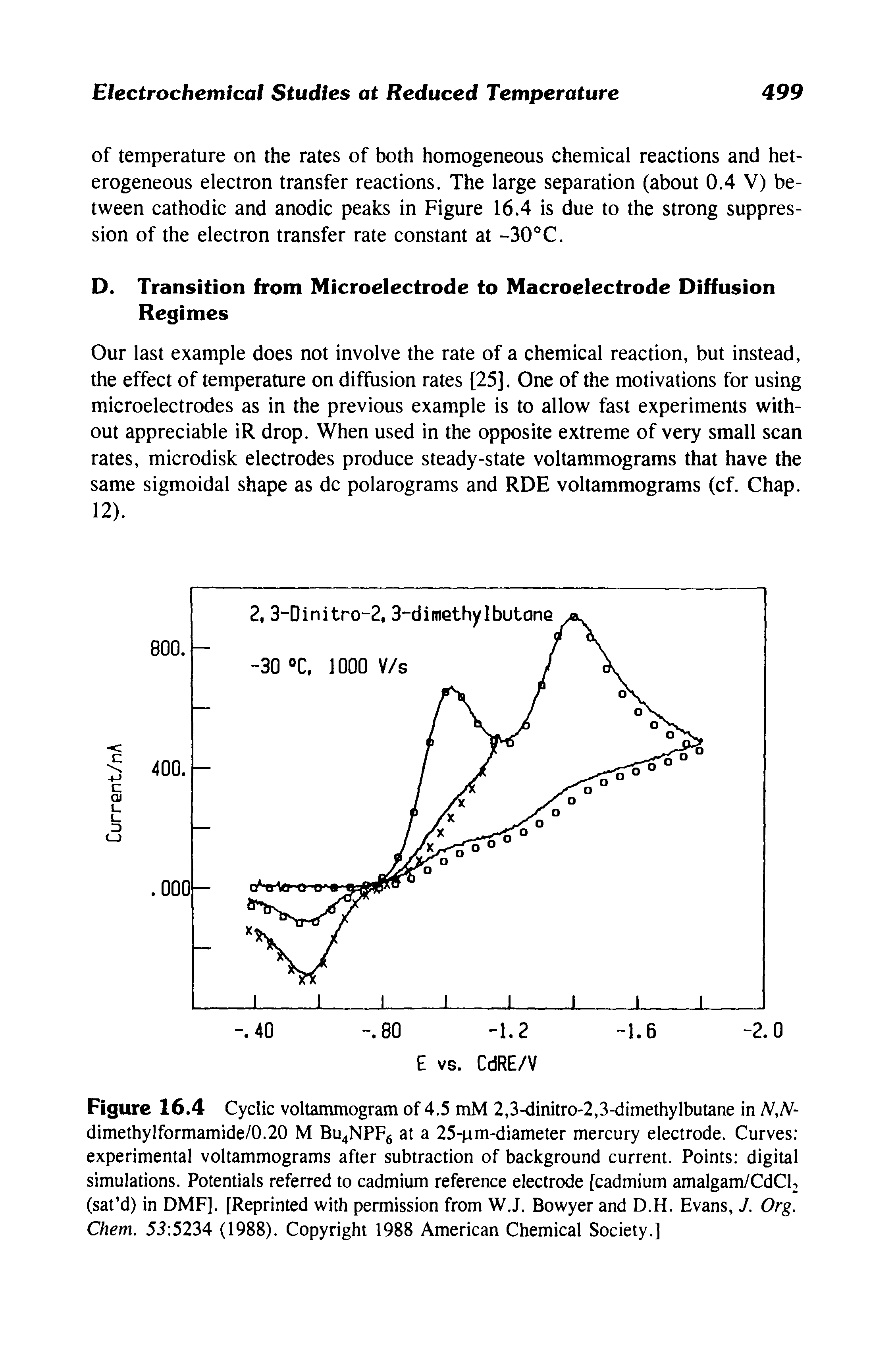 Figure 16.4 Cyclic voltammogram of 4.5 mM 2,3-dinitro-2,3-dimethylbutane in N,N-dimethylformamide/0.20 M Bu4NPF6 at a 25-pm-diameter mercury electrode. Curves experimental voltammograms after subtraction of background current. Points digital simulations. Potentials referred to cadmium reference electrode [cadmium amalgam/CdCl2 (sat d) in DMF]. [Reprinted with permission from W.J. Bowyer and D.H. Evans, J. Org. Chem. 53 5234 (1988). Copyright 1988 American Chemical Society.]...