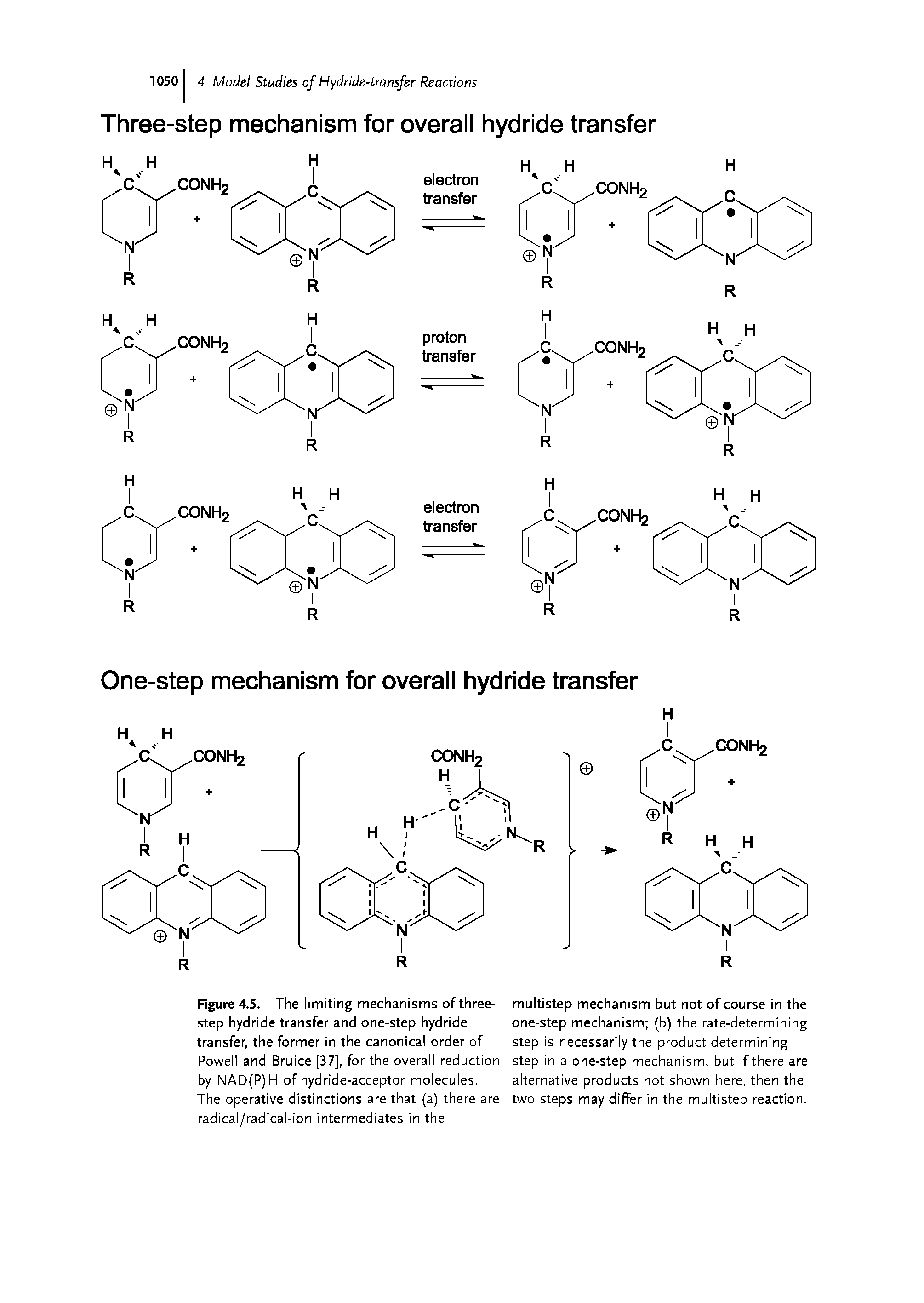 Figure 4.5. The limiting mechanisms of three-step hydride transfer and one-step hydride transfer, the former in the canonical order of Powell and Bruice [37], for the overall reduction by NAD(P)H of hydride-acceptor molecules. The operative distinctions are that (a) there are radical/radical-ion intermediates in the...
