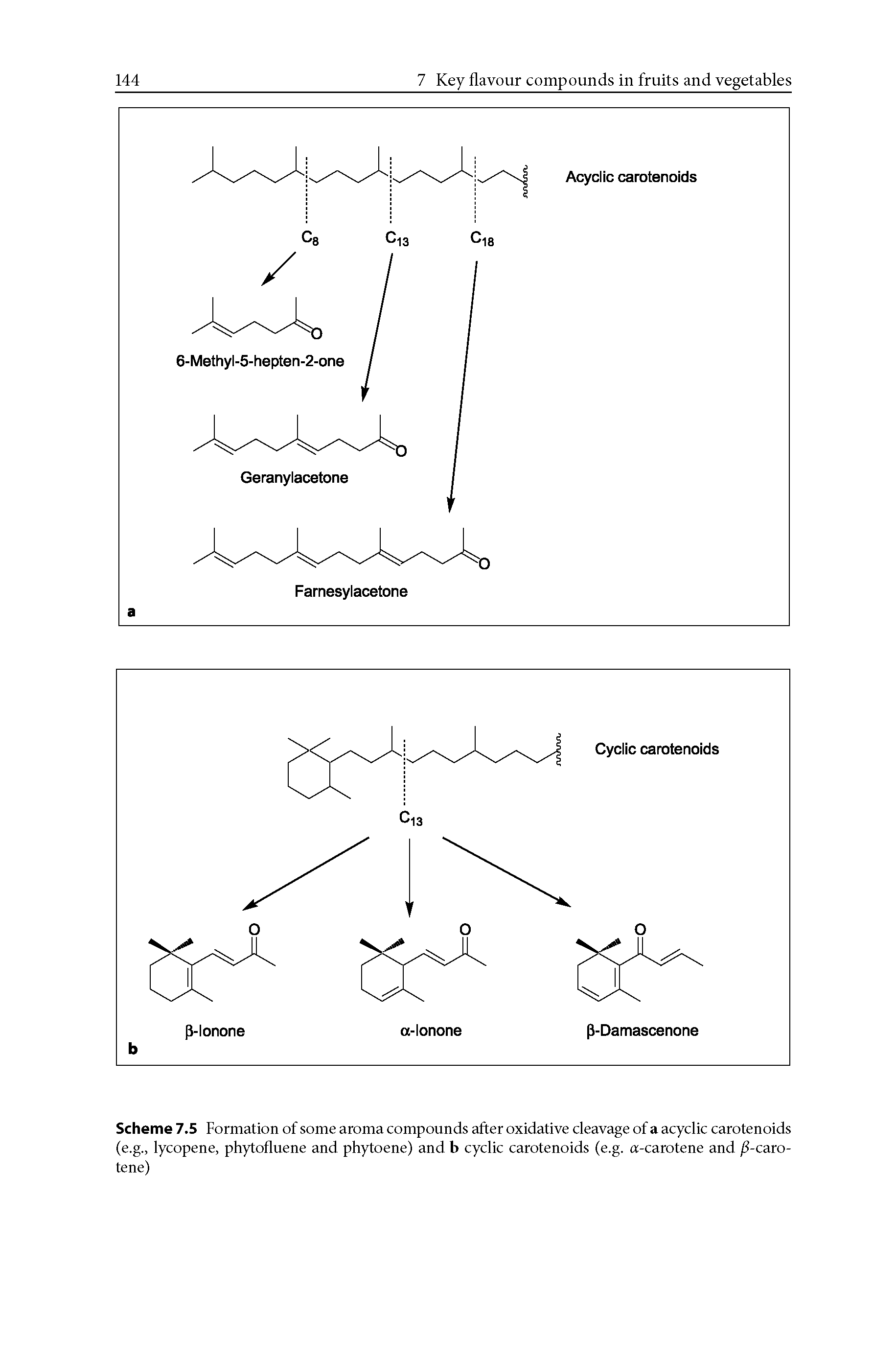 Scheme 7.5 Formation of some aroma compounds after oxidative cleavage of a acyclic carotenoids (e.g., lycopene, phytofluene and phytoene) and b cyclic carotenoids (e.g. a-carotene and / -caro-tene)...