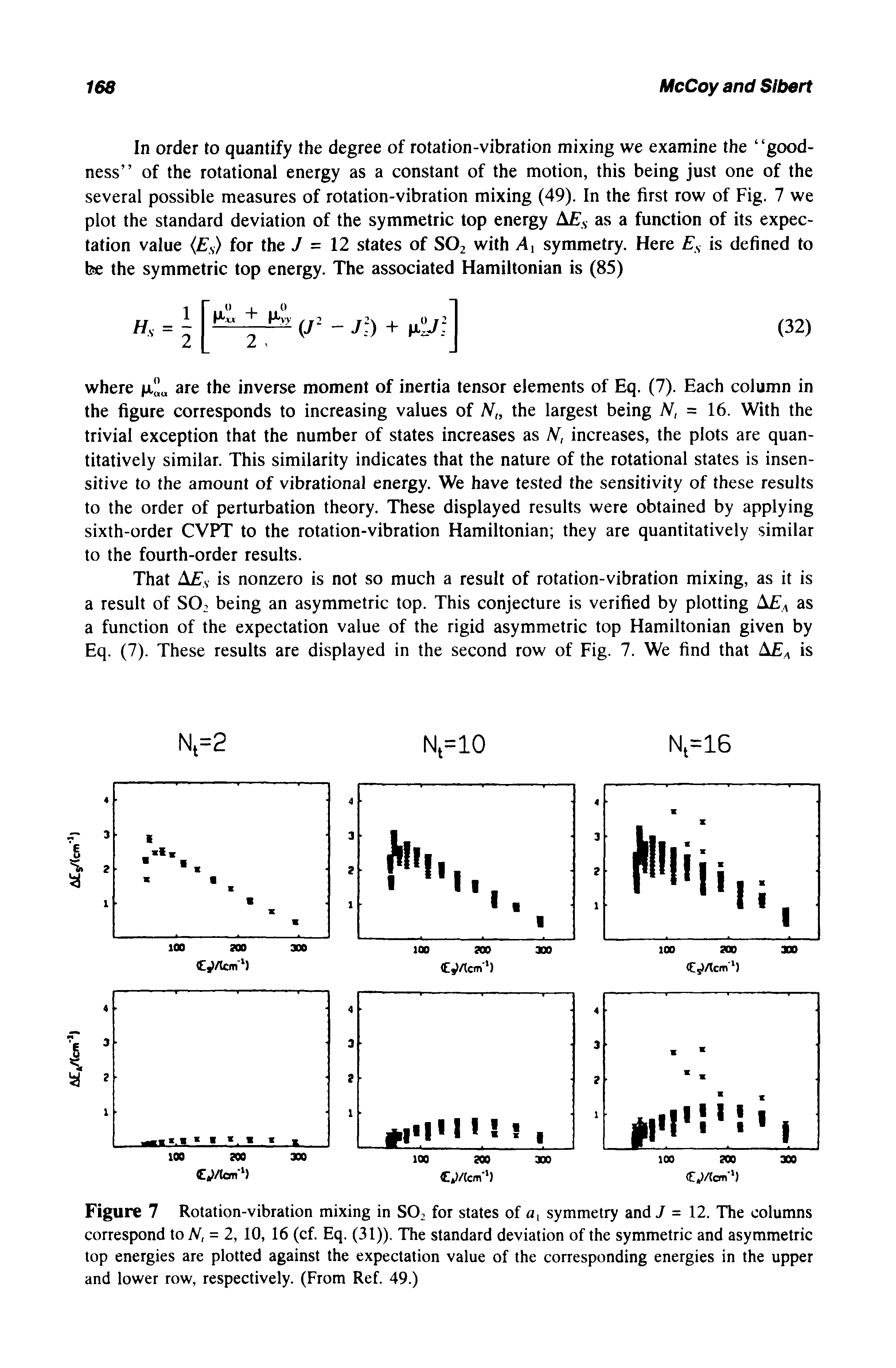 Figure 7 Rotation-vibration mixing in SO, for states of a, symmetry and 7 = 12. The columns correspond to TV, = 2, 10, 16 (cf. Eq. (31)). The standard deviation of the symmetric and asymmetric top energies are plotted against the expectation value of the corresponding energies in the upper and lower row, respectively. (From Ref. 49.)...