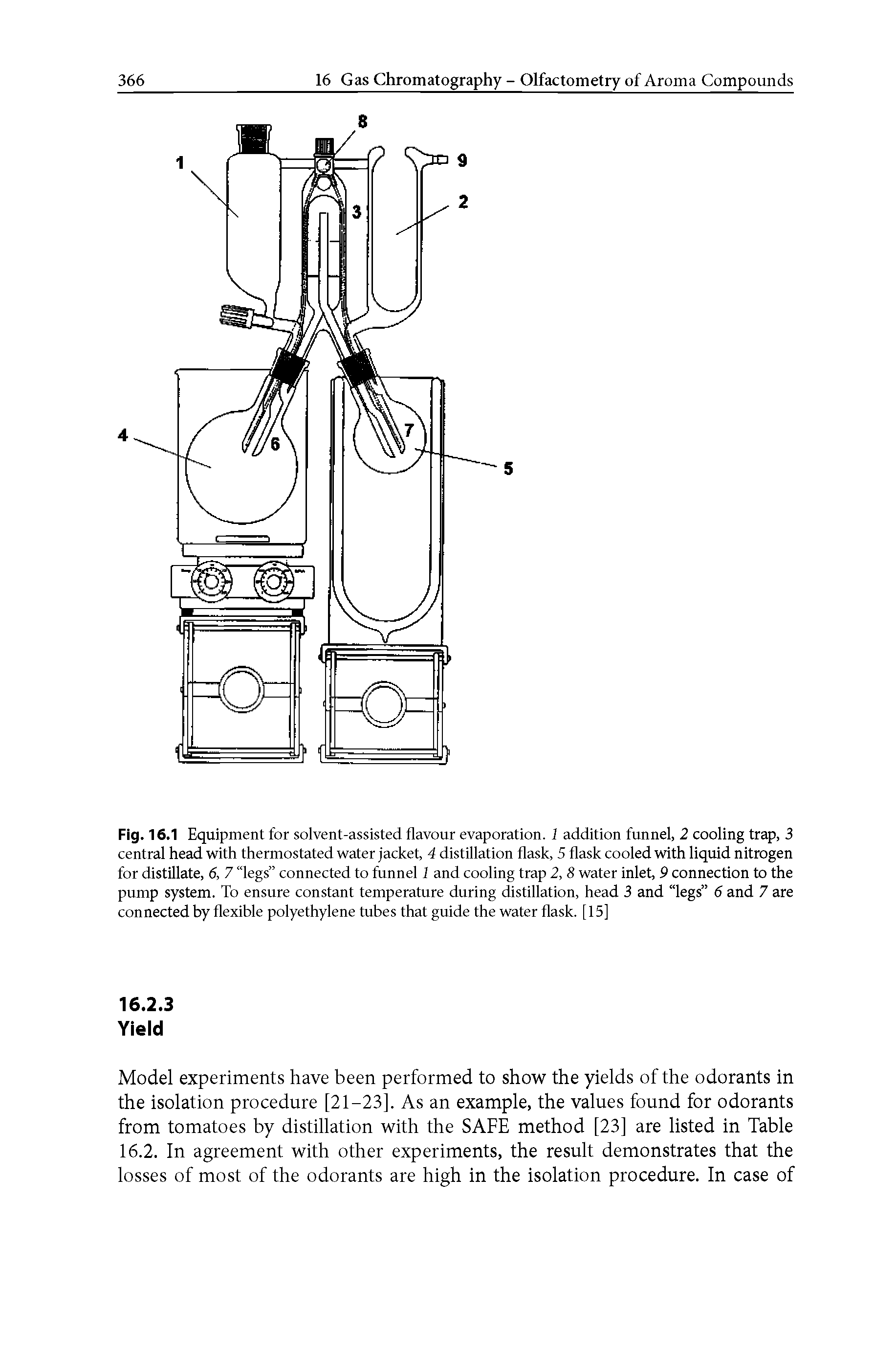 Fig. 16.1 Equipment for solvent-assisted flavour evaporation. 1 addition funnel, 2 cooling trap, 3 central head with thermostated water jacket, 4 distillation flask, 5 flask cooled with liquid nitrogen for distillate, 6, 7 legs connected to funnel 1 and cooling trap 2, 8 water inlet, 9 connection to the pump system. To ensure constant temperature during distillation, head 3 and legs 6 and 7 are connected by flexible polyethylene tubes that guide the water flask. [15]...