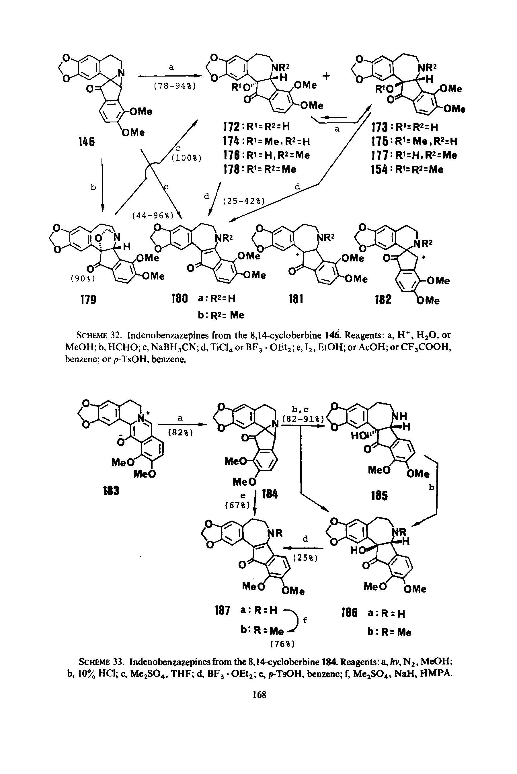Scheme 33. Indenobenzazepines from the 8,14-cycloberbine 184. Reagents a, hv, N2, MeOH b, 10% HC1 c, Me2S04, THF d, BF3 OEt2 e, p-TsOH, benzene f, Me2SOt, NaH, HMPA.