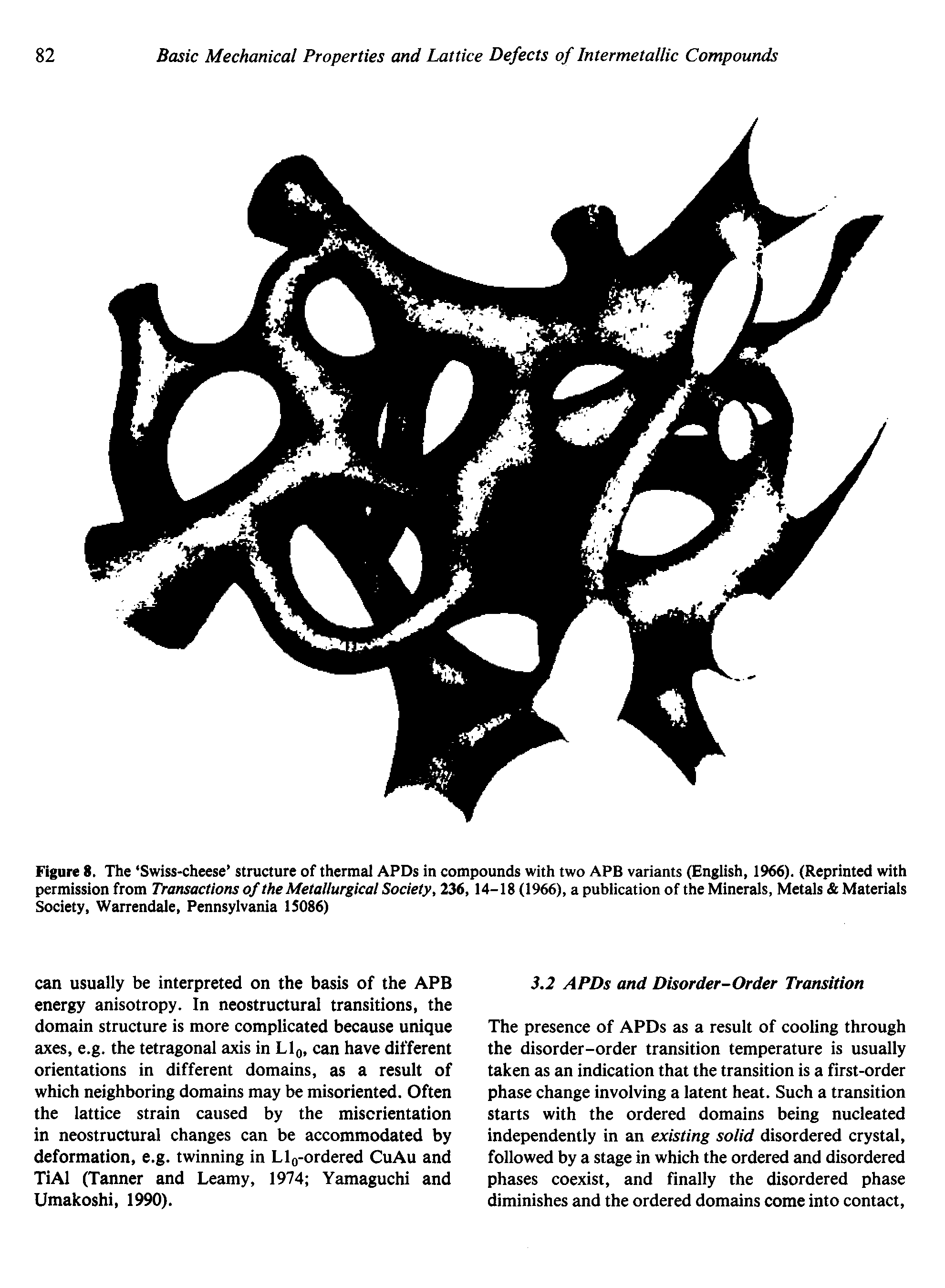 Figure 8. The Swiss-cheese structure of thermal APDs in compounds with two APB variants (Engiish, 1966). (Reprinted with permission from Transactions of the Metallurgical Society, 236,14-18 (1966), a publication of the Minerals, Metals Materials Society, Warrendale, Pennsylvania 15086)...