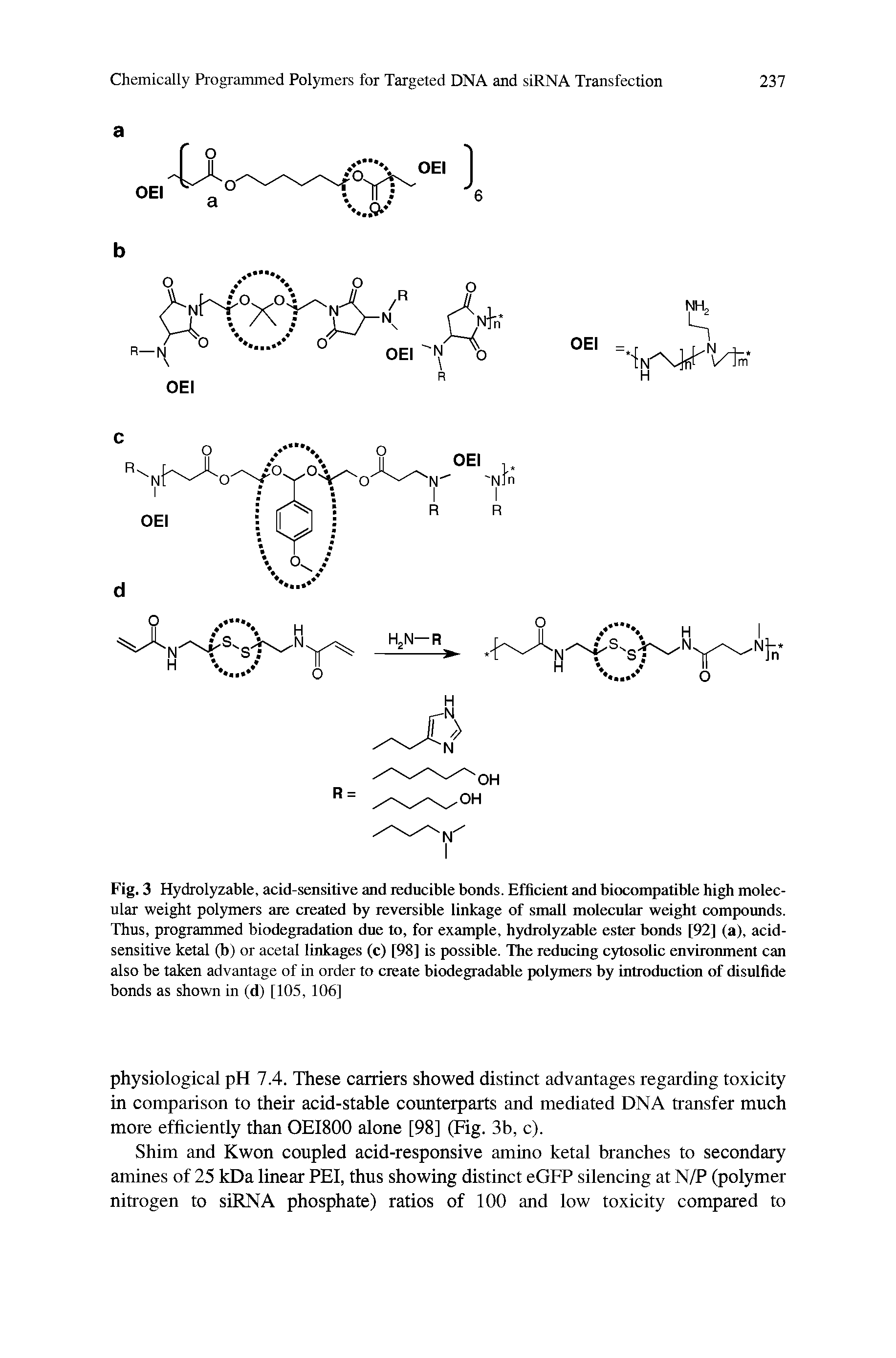 Fig. 3 Hydrolyzable, acid-sensitive and reducible bonds. Efficient and biocompatible high molecular weight polymers are created by reversible linkage of small molecular weight compounds. Thus, programmed biodegradation due to, for example, hydrolyzable ester bonds [92] (a), acid-sensitive ketal (b) or acetal linkages (c) [98] is possible. The reducing cytosolic environment can also be taken advantage of in order to create biodegradable polymers by introduction of disulfide bonds as shown in (d) [105, 106]...