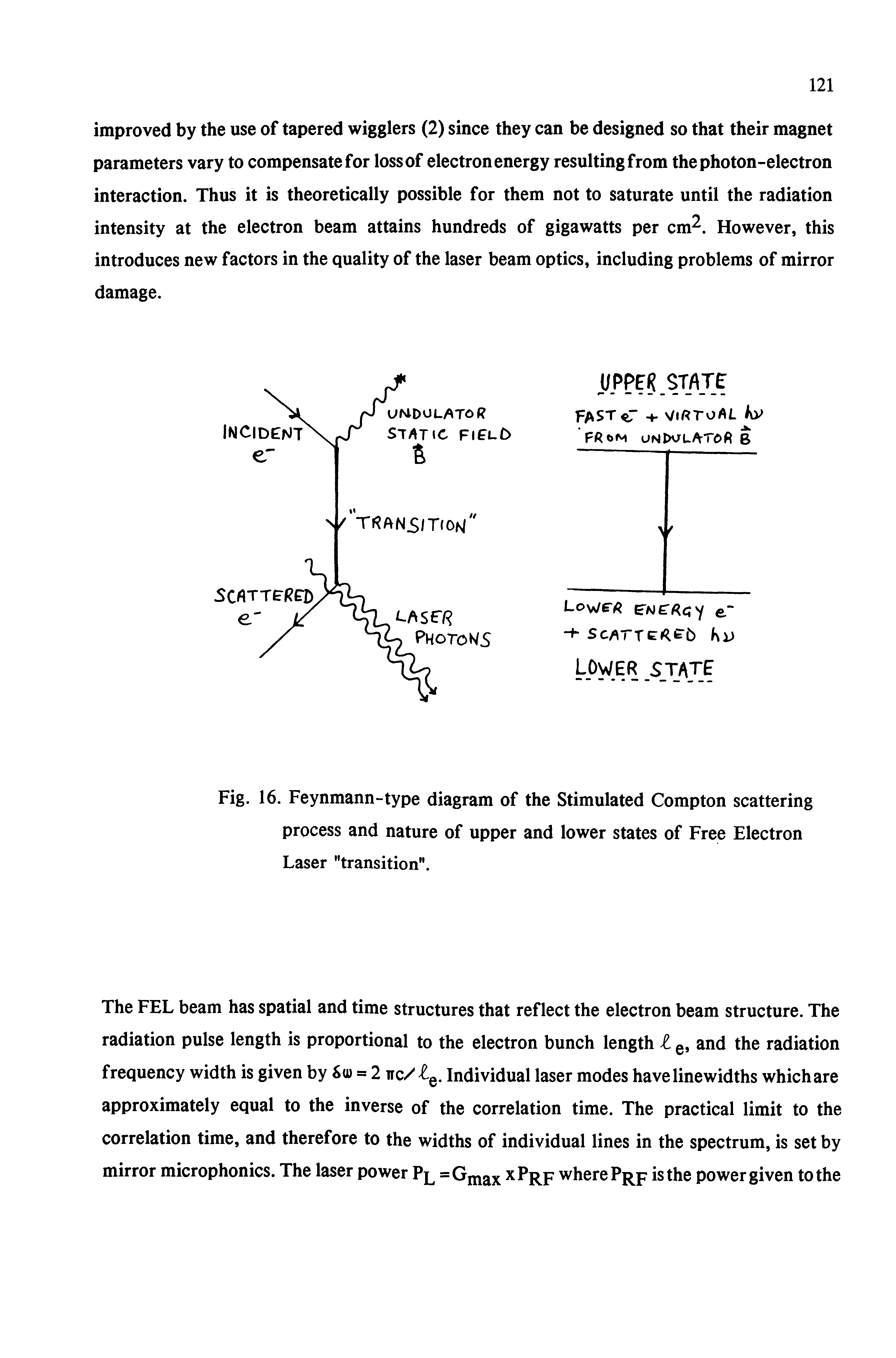 Fig. 16. Feynmann-type diagram of the Stimulated Compton scattering process and nature of upper and lower states of Free Electron Laser transition".