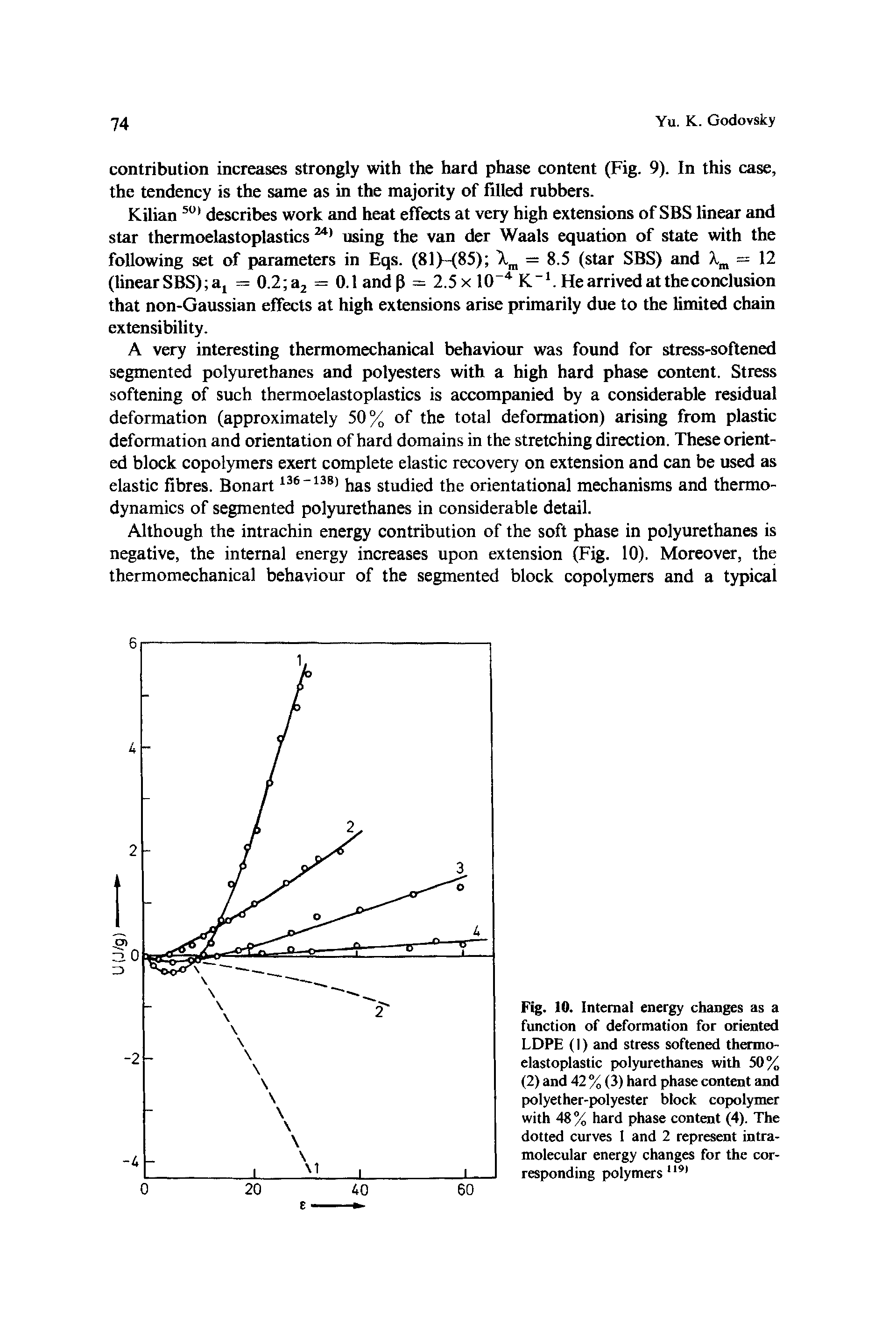 Fig. 10. Internal energy changes as a function of deformation for oriented LDPE (I) and stress softened thermo-elastoplastic polyurethanes with 50% (2) and 42 % (3) hard phase content and polyether-polyester block copolymer with 48% hard phase content (4). The dotted curves 1 and 2 represent intramolecular energy changes for the corresponding polymers119 ...